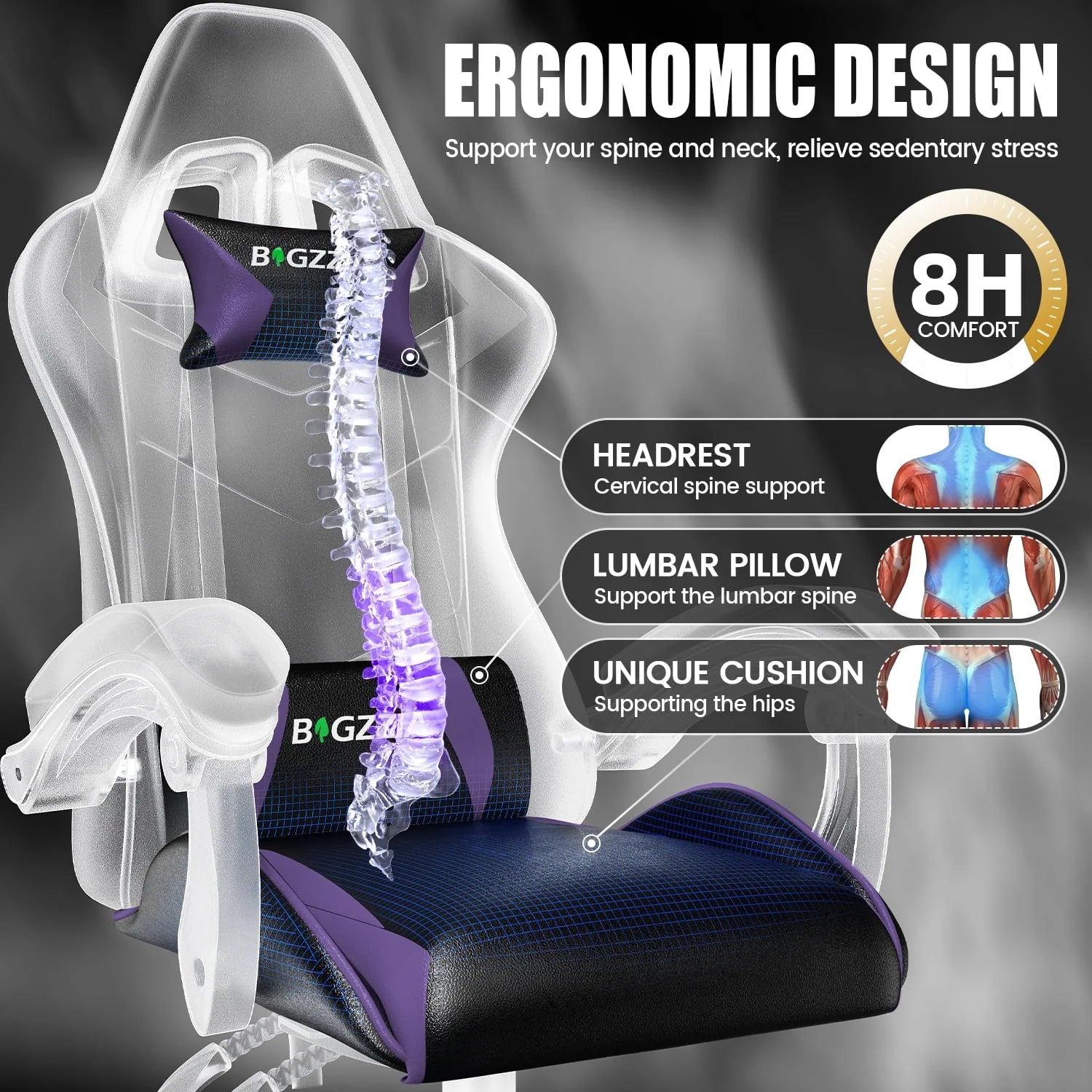 2026 New Bigzzia Gaming Chair Office Chair, Ergonomic Game Chair with Height Adjustable Headrest and Lumbar Support for Adults Teens, Black & White - Image 52