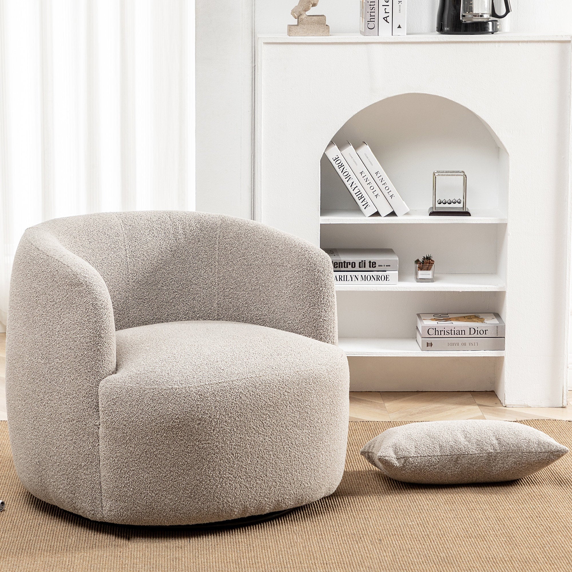 2026 New 34" Wide Boucle Swivel Barrel Chair, No Assembly Round Upholstered Armchair Accent Chair Single Sofa Chair with Toss Pillow for Living Room and Bedroom, Taupe - Image 7