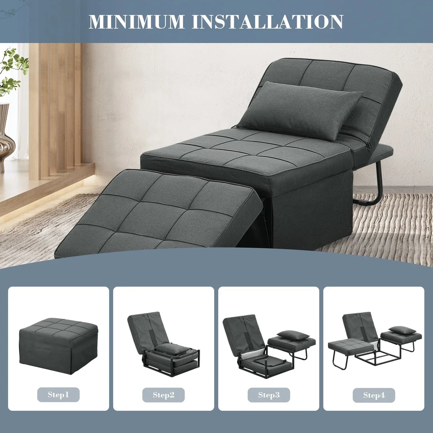 2026 New Ainfox Folding Sofa Bed, 4 in 1 Daybeds Ottoman Chair Lounge Couch for Guest Sleeper, Suitable for Modern Living Room, Bedroom, Small Single Size(Dark Grey) - Image 7