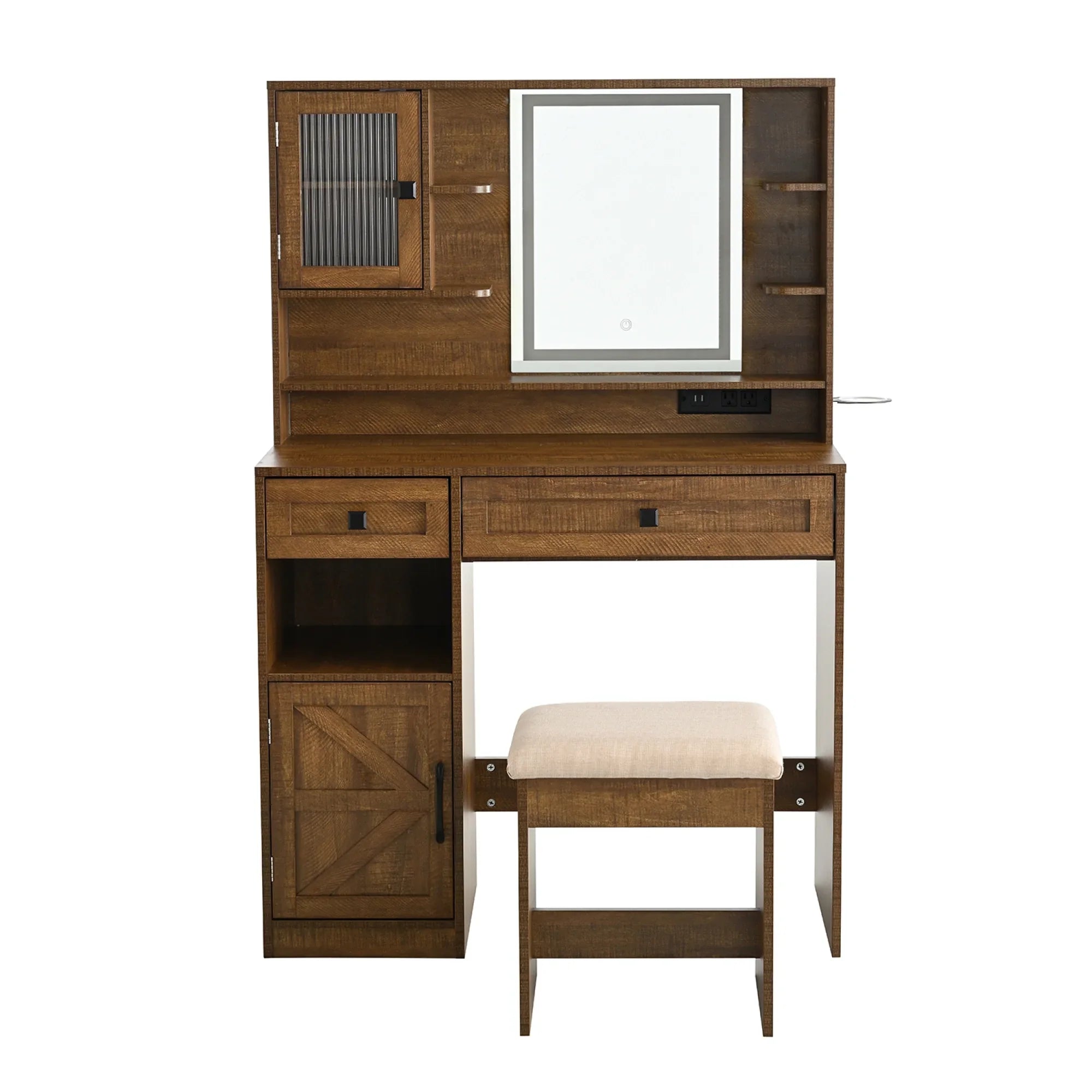 2026 New Farmhouse Makeup Vanity Desk with Mirror and Lights,Dressing Table Set with Charging Station and Stool,Drawers,Shelves and Side Cabinet,White - Image 4