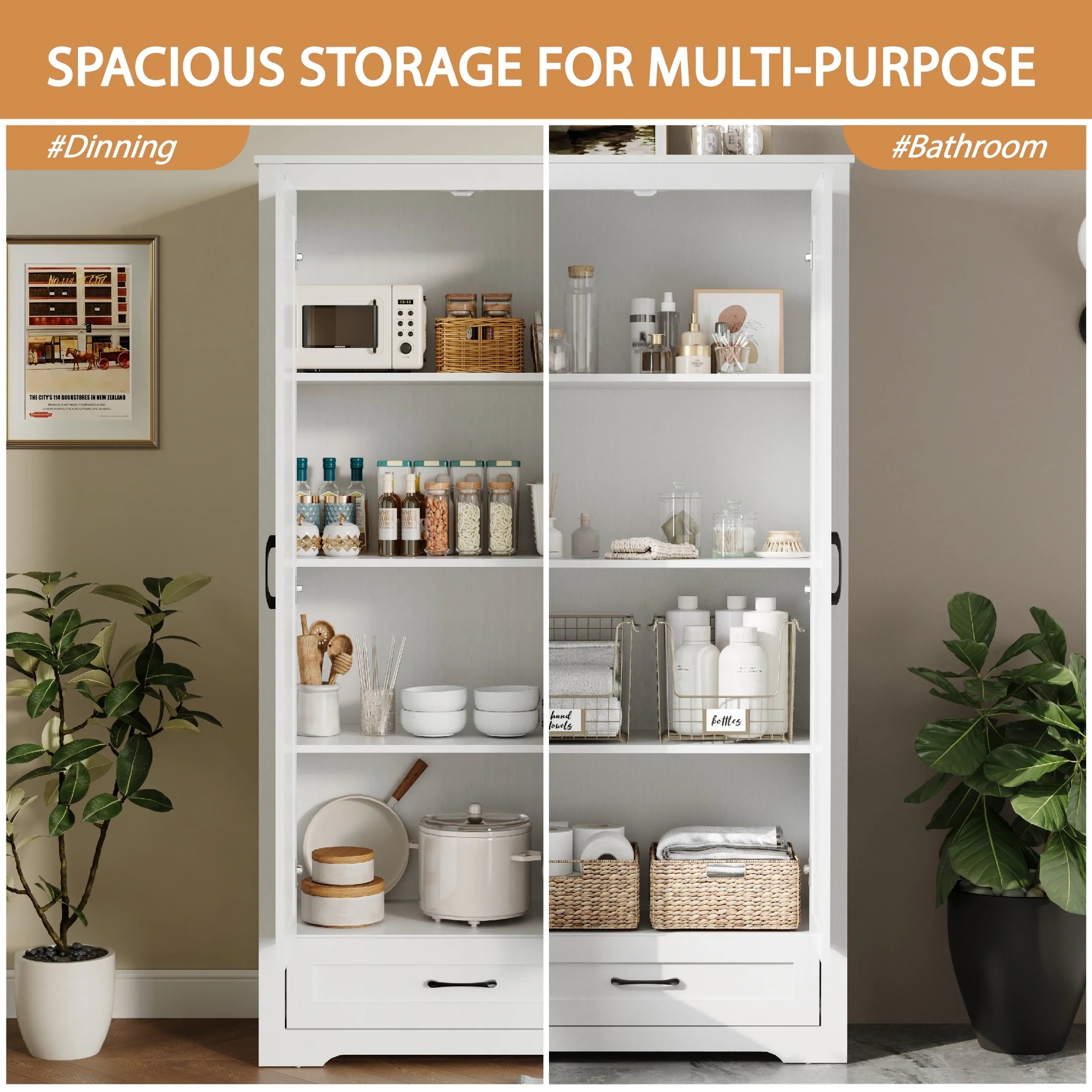 2026 New YouTrend 69" Tall Kitchen Pantry,Farmhouse Storage Cabinet with 2 Barn Doors 4 Adjustable Shelves and Large Drawer for Dining Room,Living Room,Bathroom,White - Image 4