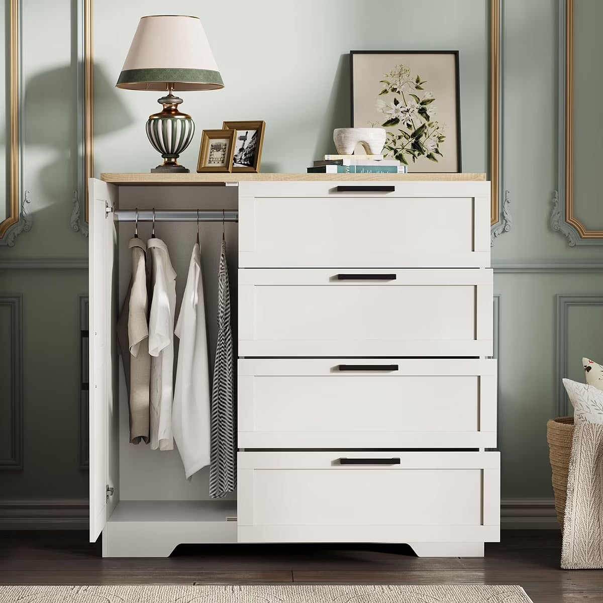2026 New Ataucjin Wood Armoire Wardrobe Closet with 4 Drawers and Door, 43.3" H Bedroom Wardrobe Cabinet with Hanging Rod, Clothing Storage Cabinets, 4 Drawers Dresser with Storage Closet - Image 3