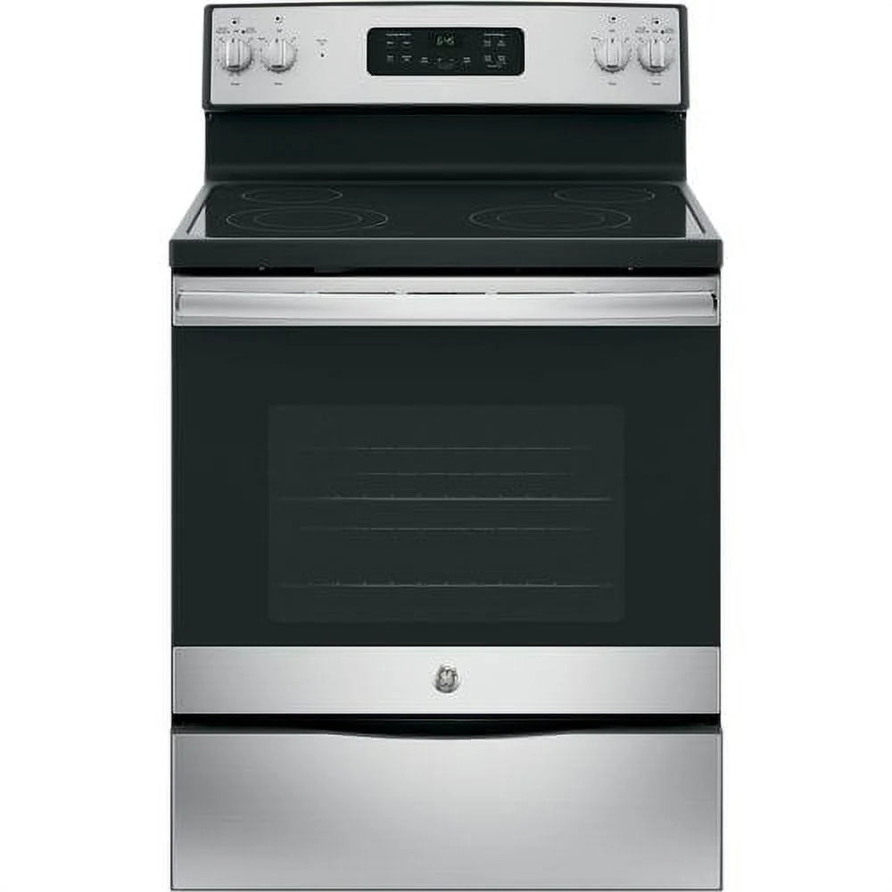 2026 New GE® Appliances 30” Free-Standing electric range model JB645RKSS in Stainless Steel. APPROXIMATE DIMENSIONS (HxWxD) 47 Height x 29 7/8 Width x 28 Dimension in. Two 9"/6" Power Boil elements, Self-clean oven and Dual-element Bake.