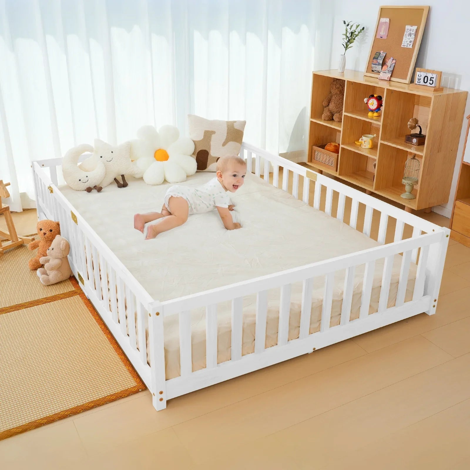 2026 New Slsy Twin Size Toddler Floor Bed, Solid Wood Montessori Bed Frame with Fence & Door Montessori Floor Bed Crib with Safety Guardrails for Girls and Boys - Image 17