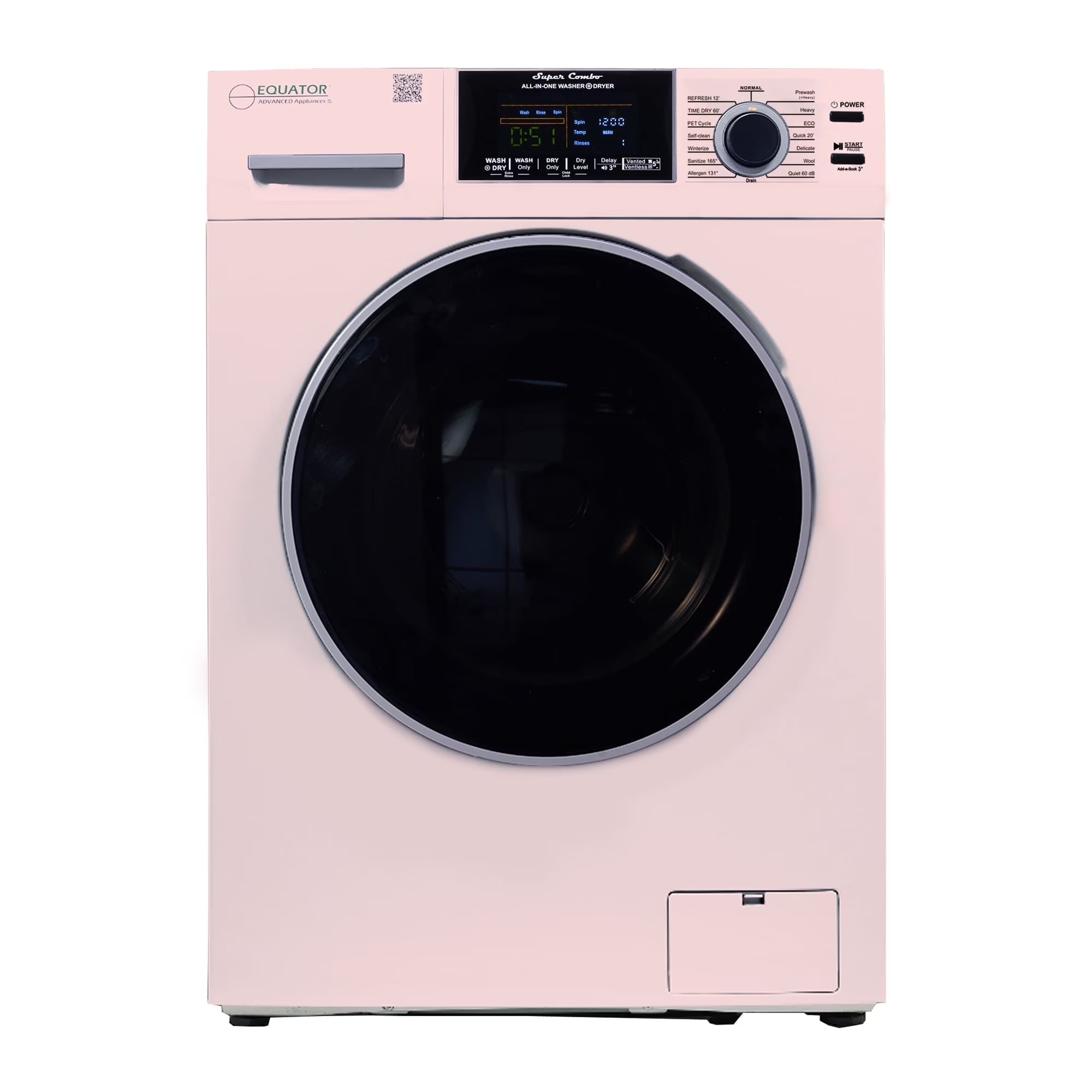 2026 New Equator All-in-One Washer Dryer VENTLESS/VENTED PET cycle 1.62cf/15lbs 110V in Pink
