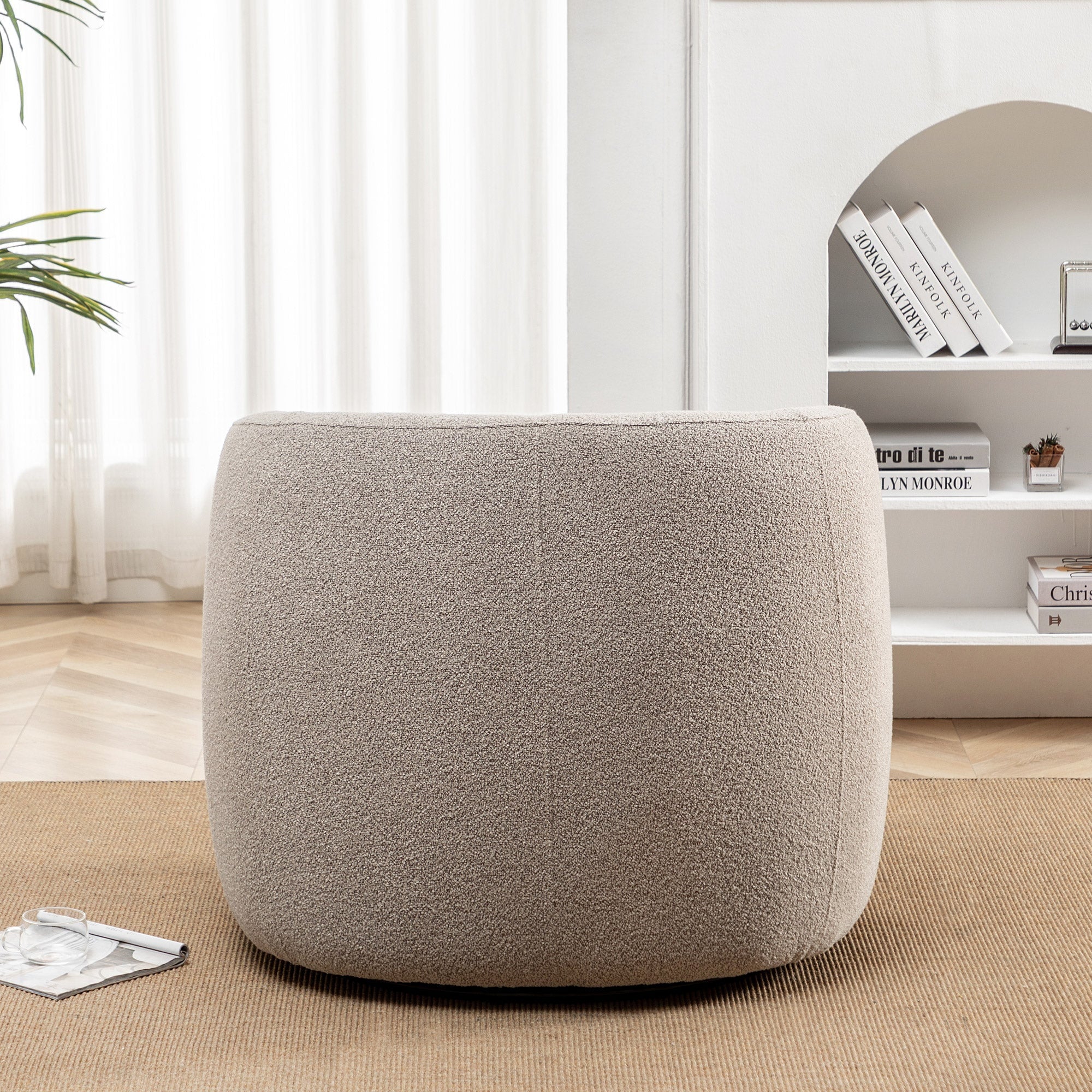 2026 New 34" Wide Boucle Swivel Barrel Chair, No Assembly Round Upholstered Armchair Accent Chair Single Sofa Chair with Toss Pillow for Living Room and Bedroom, Taupe - Image 12