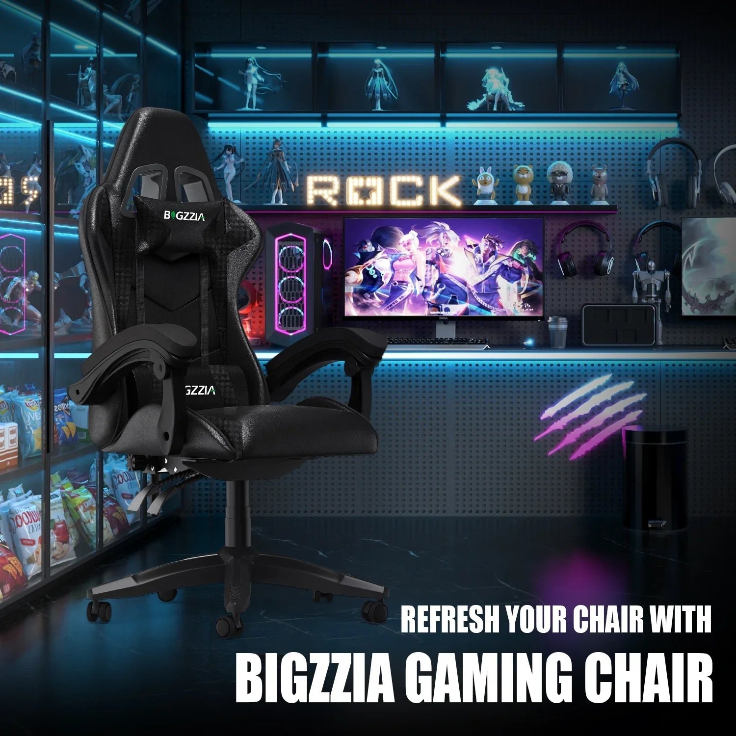 2026 New Bigzzia Gaming Chair Office Chair, Ergonomic Game Chair with Height Adjustable Headrest and Lumbar Support for Adults Teens, Black & White - Image 88