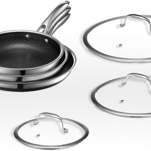 2026 New HexClad 6 Piece Hybrid Stainless Steel Cookware Pan Set 8", 10", 12" with Glass Lids