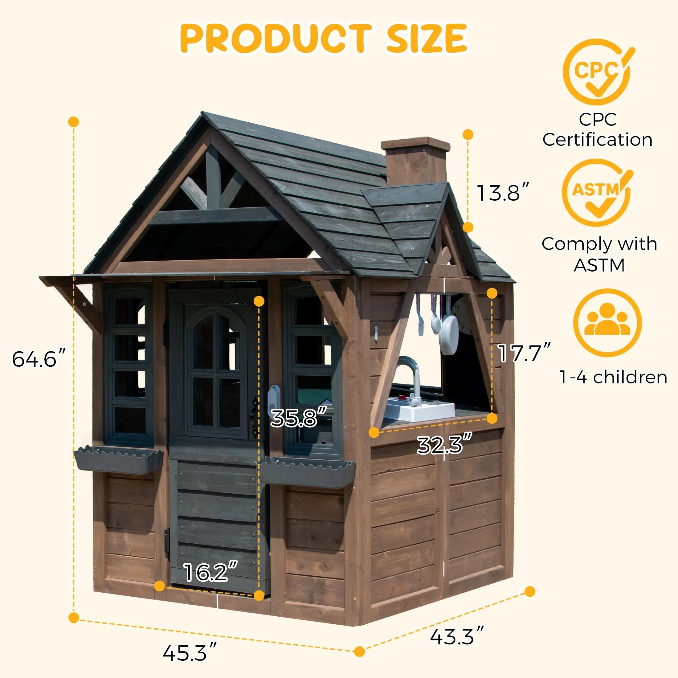 2026 New COCLUB Outdoor Playhouse for Kids Ages 4-8, Wooden Play House with Doorbell, Phone, Kitchen Toys, Outdoor Kids Play Equipment, Casa Para Niñas (45”L x 65”H), White & Black - Image 27