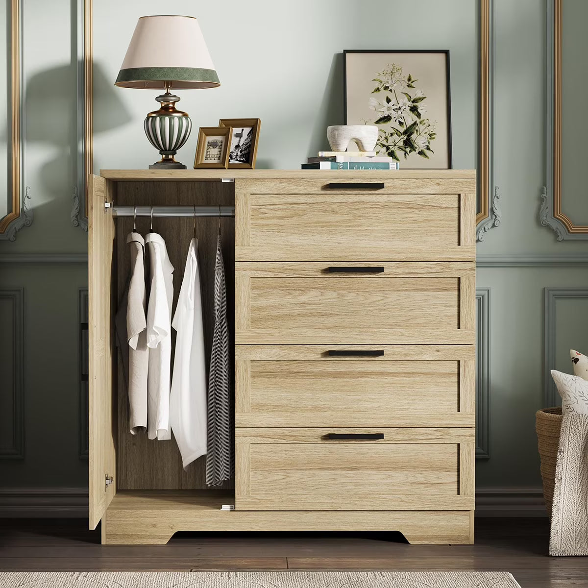 2026 New Ataucjin Wood Armoire Wardrobe Closet with 4 Drawers and Door, 43.3" H Bedroom Wardrobe Cabinet with Hanging Rod, Clothing Storage Cabinets, 4 Drawers Dresser with Storage Closet