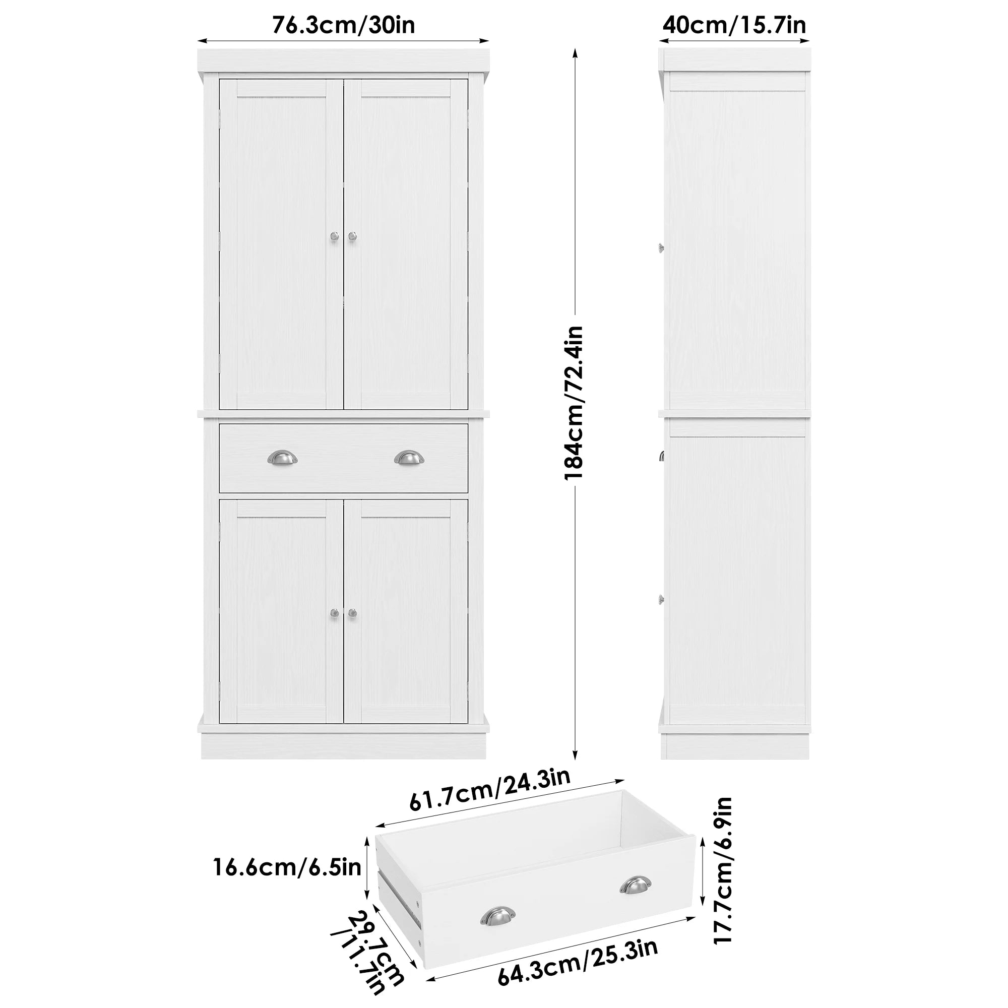 2026 New Homfa 72.4'' Tall Kitchen Pantry with 4 Doors, Large Drawer Shelves Wood Pantry Storage Cabinet for Dining Room Living Room, White - Image 7