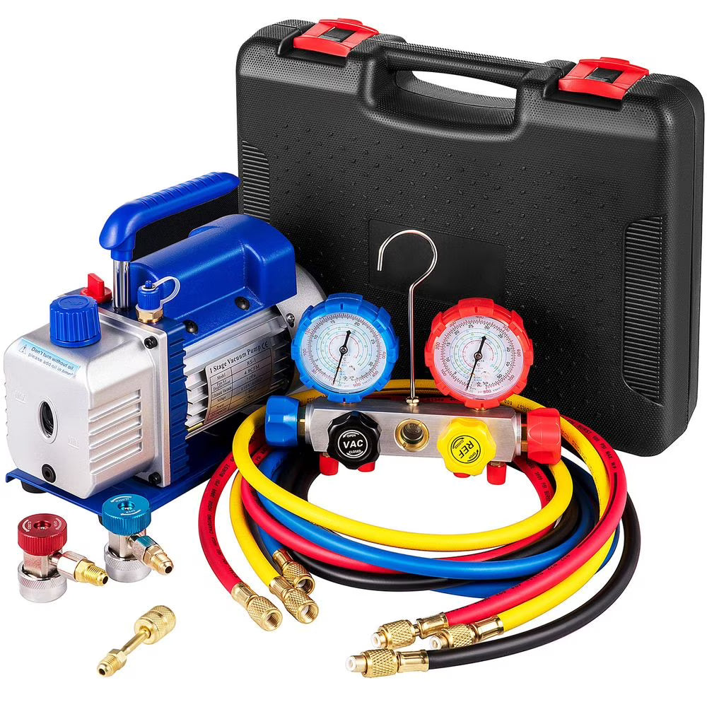 2026 New Vacuum Pump 4.8CFM 1/3 HP Single Stage HVAC A/C Refrigeration Kit 5PA Ultimate Vacuum Manifold Gauge Set R410A R134A R22 HVAC AC, 4-Way Manifold Gauge and Hose for Air Conditioning Systems