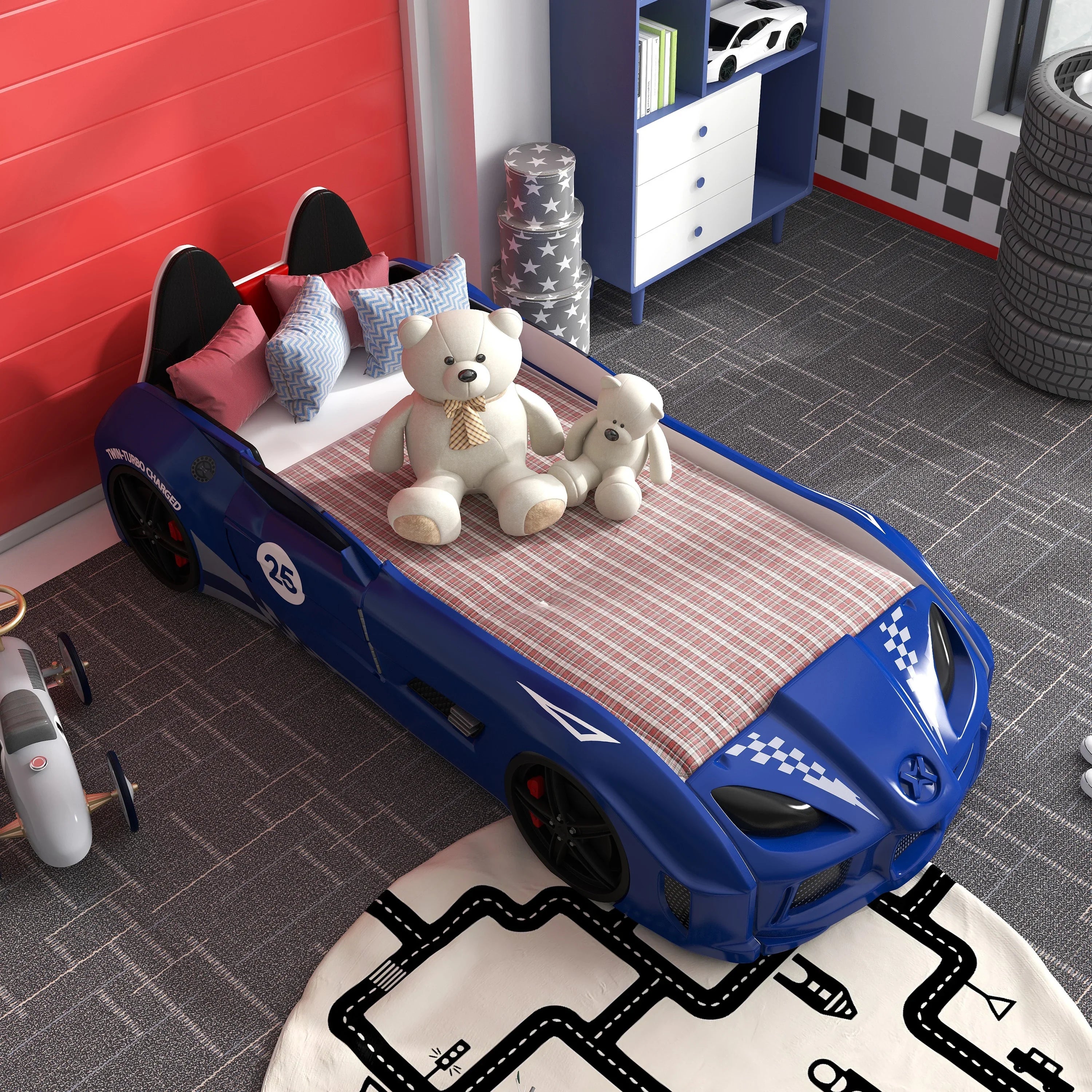 2026 New Furniture of America Dash Kids Plastic Twin Race Car Bed with LED and Sound, White - Image 40