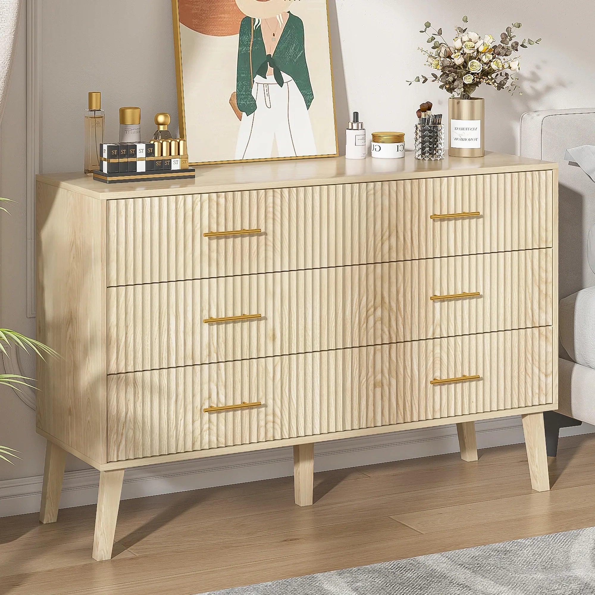 2026 New Fluted 6 Drawers Dresser, Wide Modern Chest of Drawers, 6 Drawer Double Dresser - Image 7