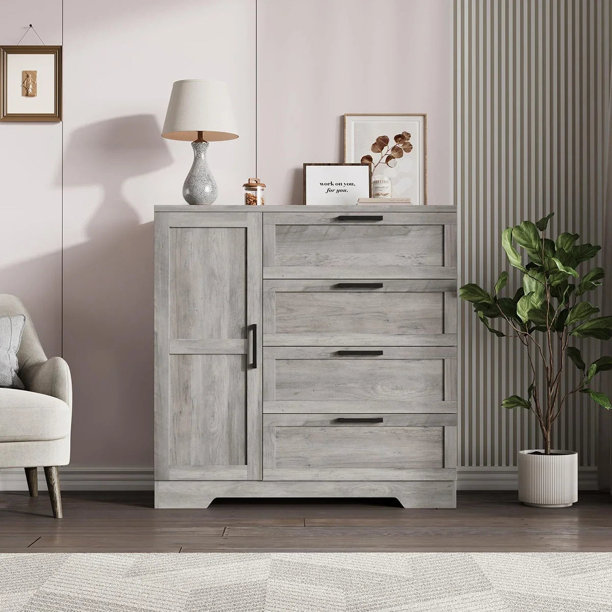 2026 New Ataucjin Wood Armoire Wardrobe Closet with 4 Drawers and Door, 43.3" H Bedroom Wardrobe Cabinet with Hanging Rod, Clothing Storage Cabinets, 4 Drawers Dresser with Storage Closet - Image 11