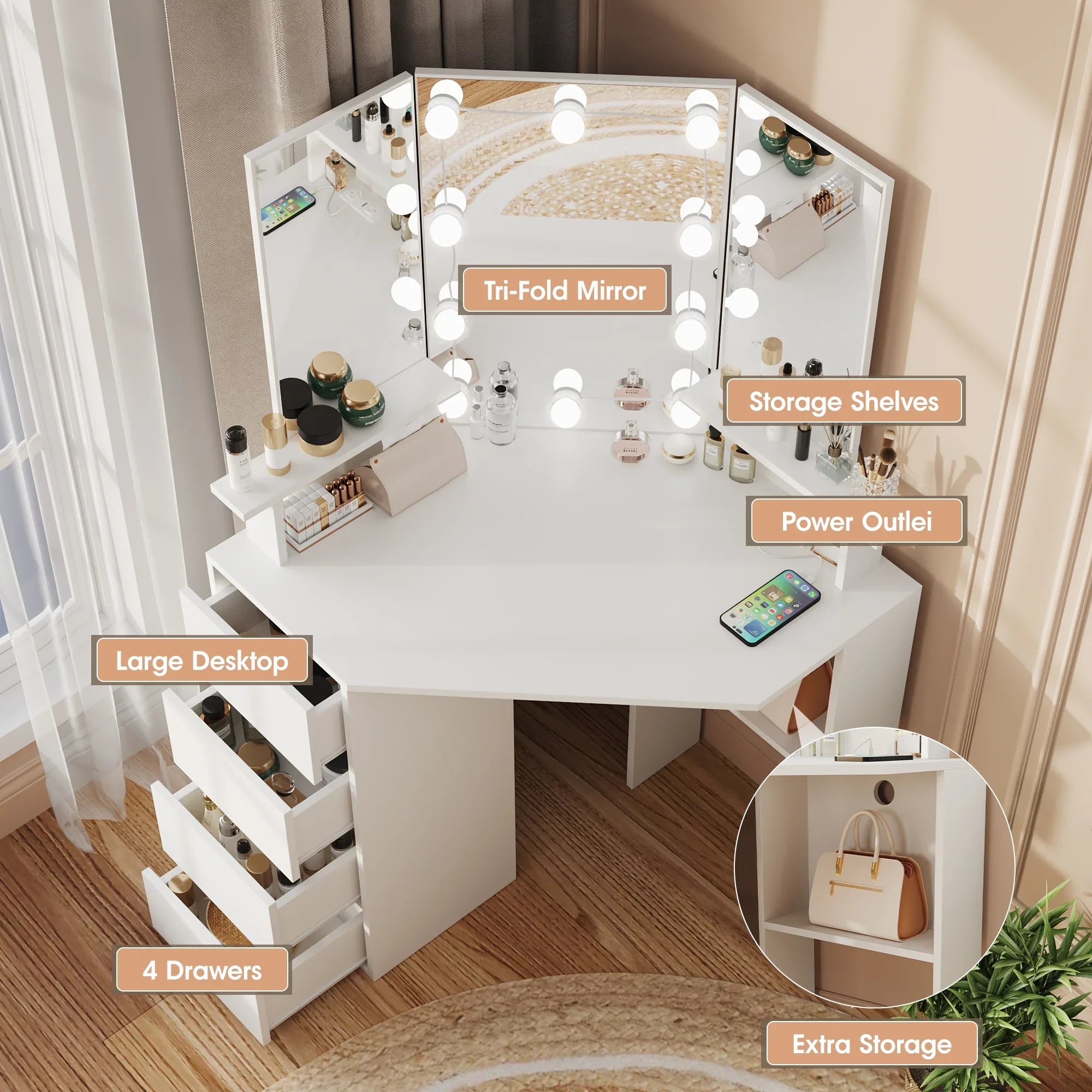 2026 New Veanerwood White Corner Vanity Desk with Mirror and Light,Makeup Table with 4 Drawers and Charging Station for Bedroom - Image 5