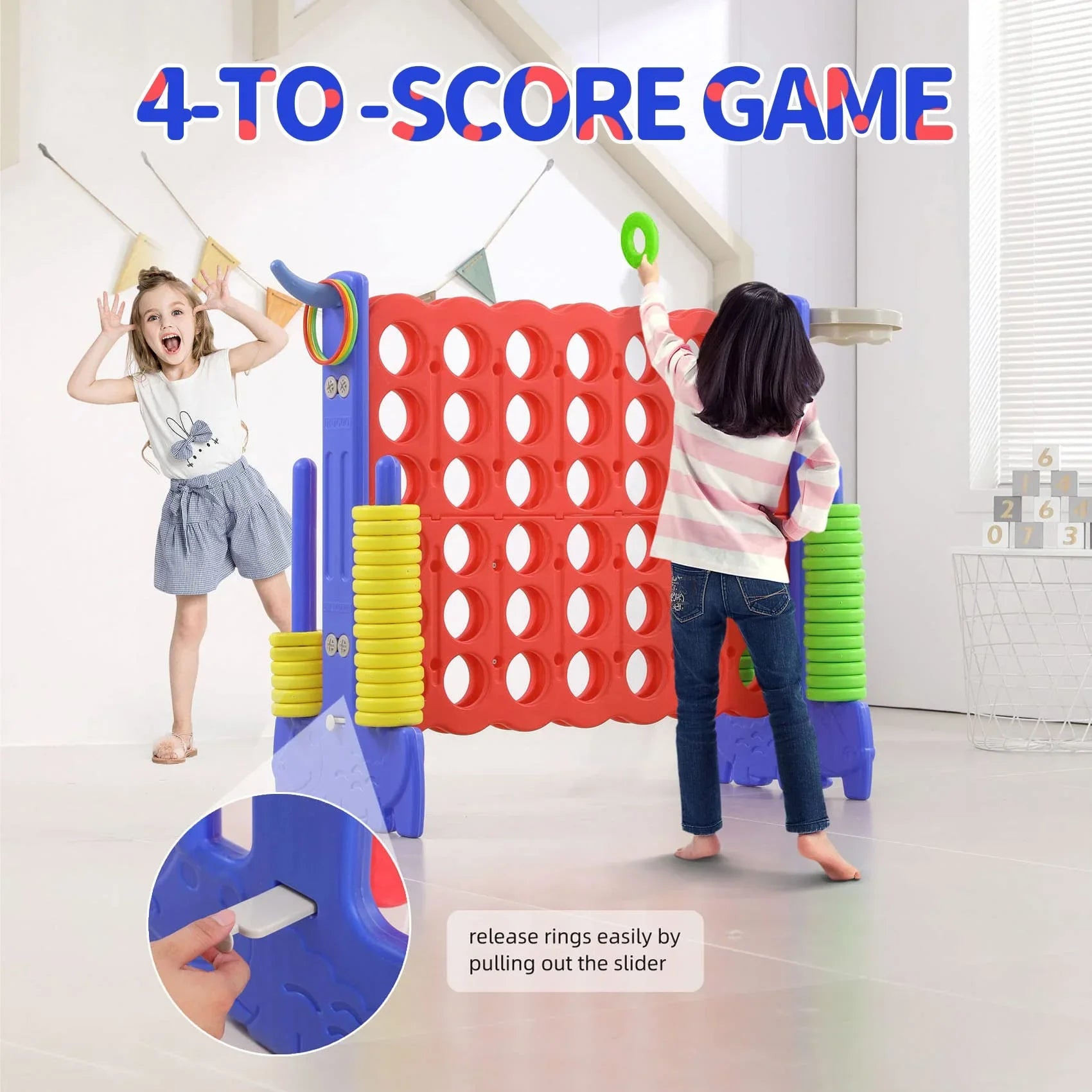 2026 New UNICOO® 3-in-1 Giant 4 in A Row Game, Featuring Basketball Hoop, Ring Toss Game & 4-to-Score Game. Perfect for Kids & Adults, Parties & Gatherings with Carrying Bag (Red + Blue) - Image 5