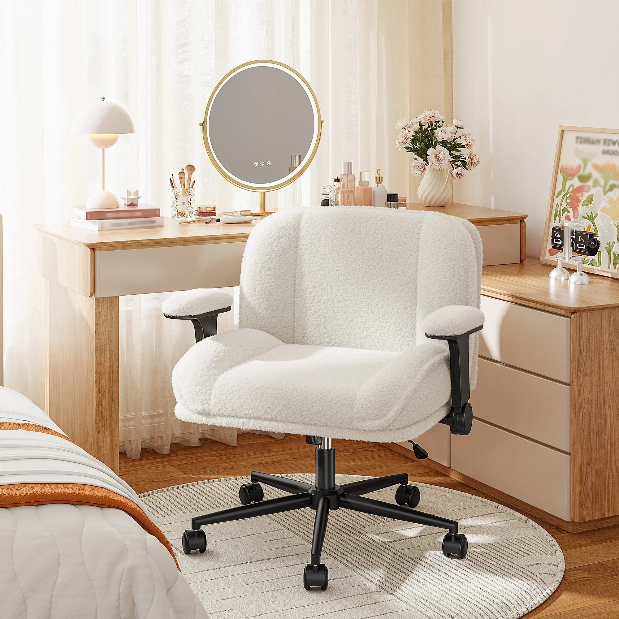 2026 New Romorgniz Criss Cross Chair with Adjustable Arms & Lumbar Support Office Chair with Reclining Back, Thick Cushion & Wheels for Office, Gaming, Reading, Vanity, Off-White - Image 8