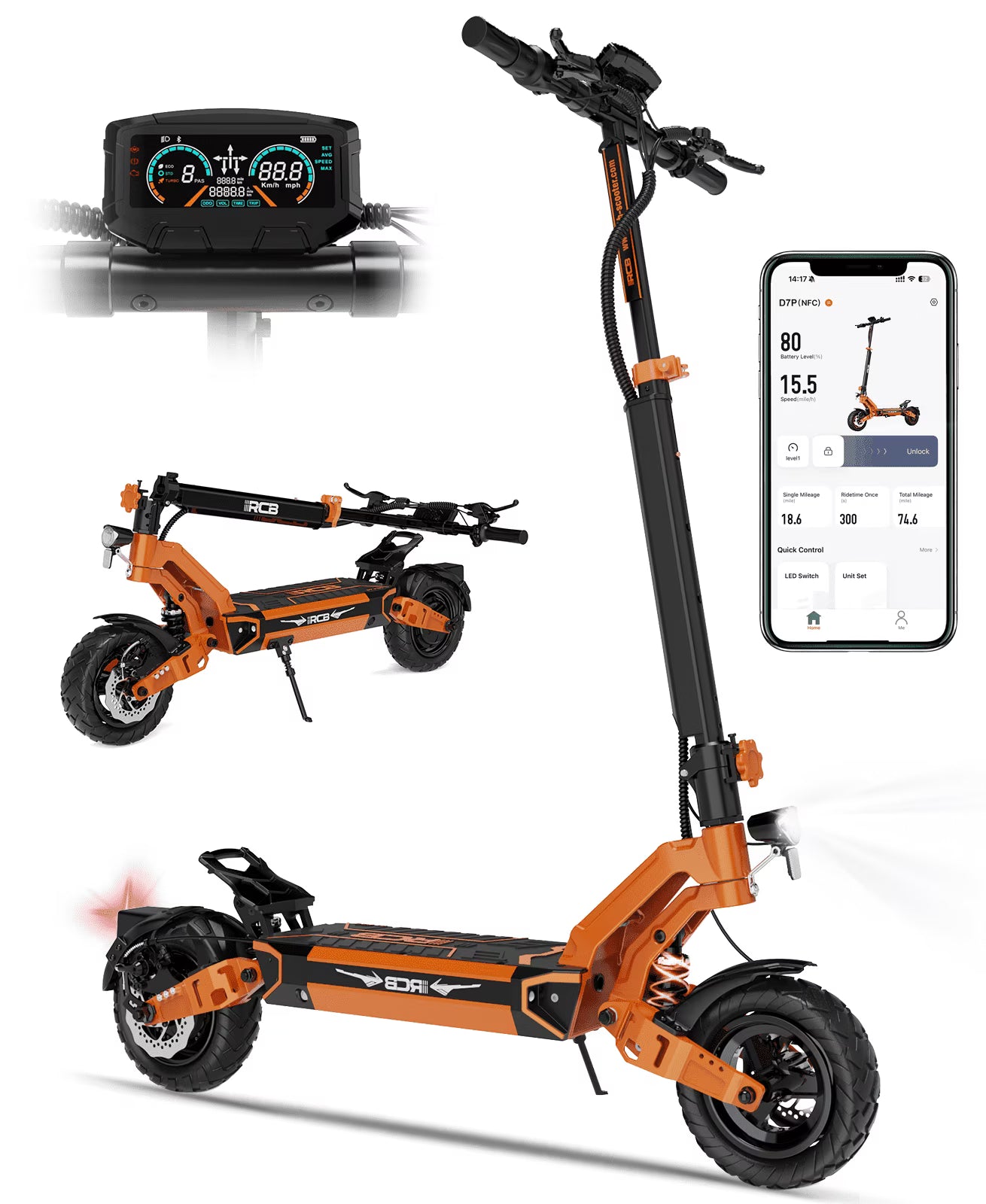 2026 New Electric Scooter for Adults, Max 70miles Range, 1000W Motor, 48V 27Ah Battery, 10" Anti-Flat Tires, Dual Shocks, APP Control&NFC - RCB D7PRO