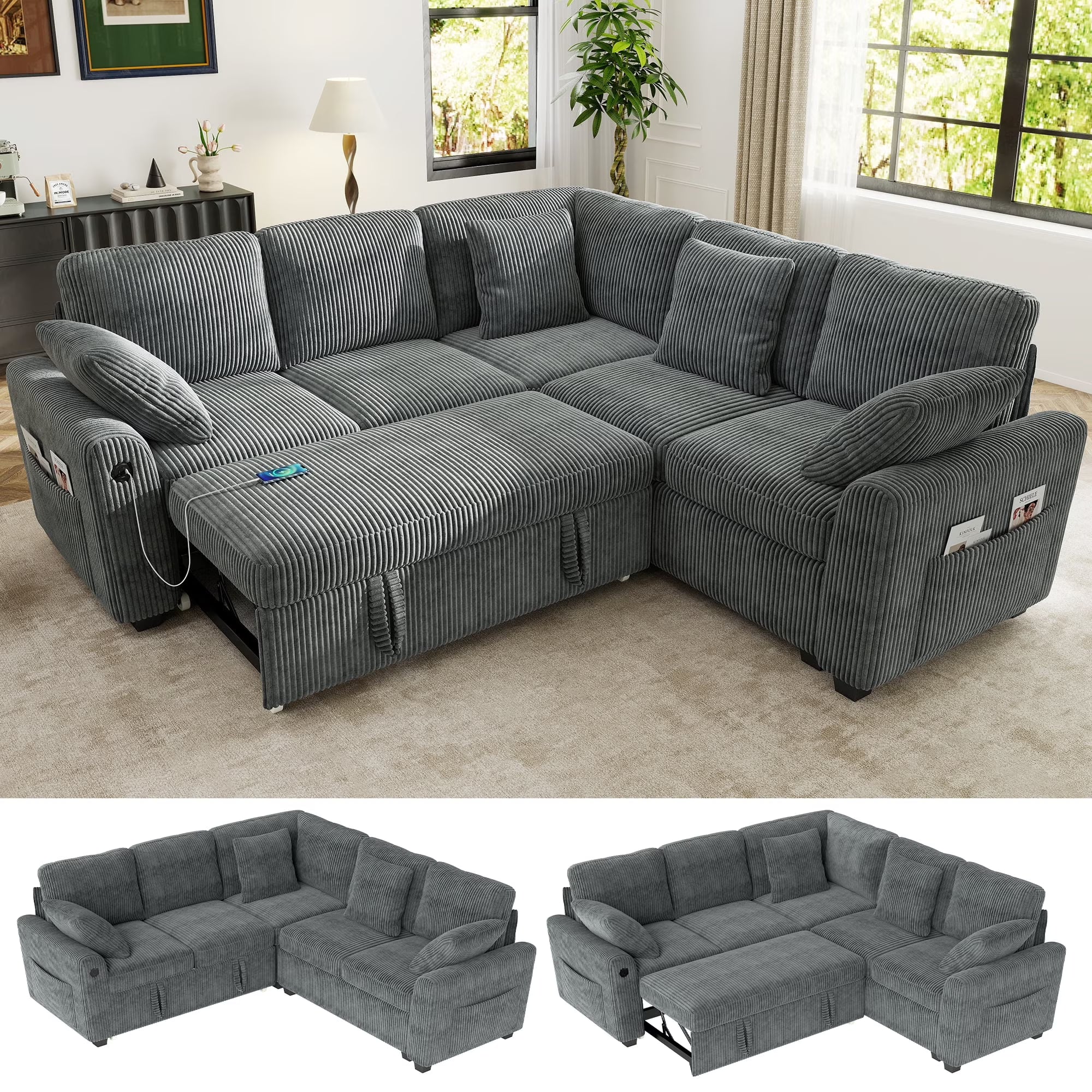 2026 New BedLuxury 83" Sectional Sleeper Sofa with Pull Out Bed, L Shaped Couch with Storage Seat for Living Room, Gray