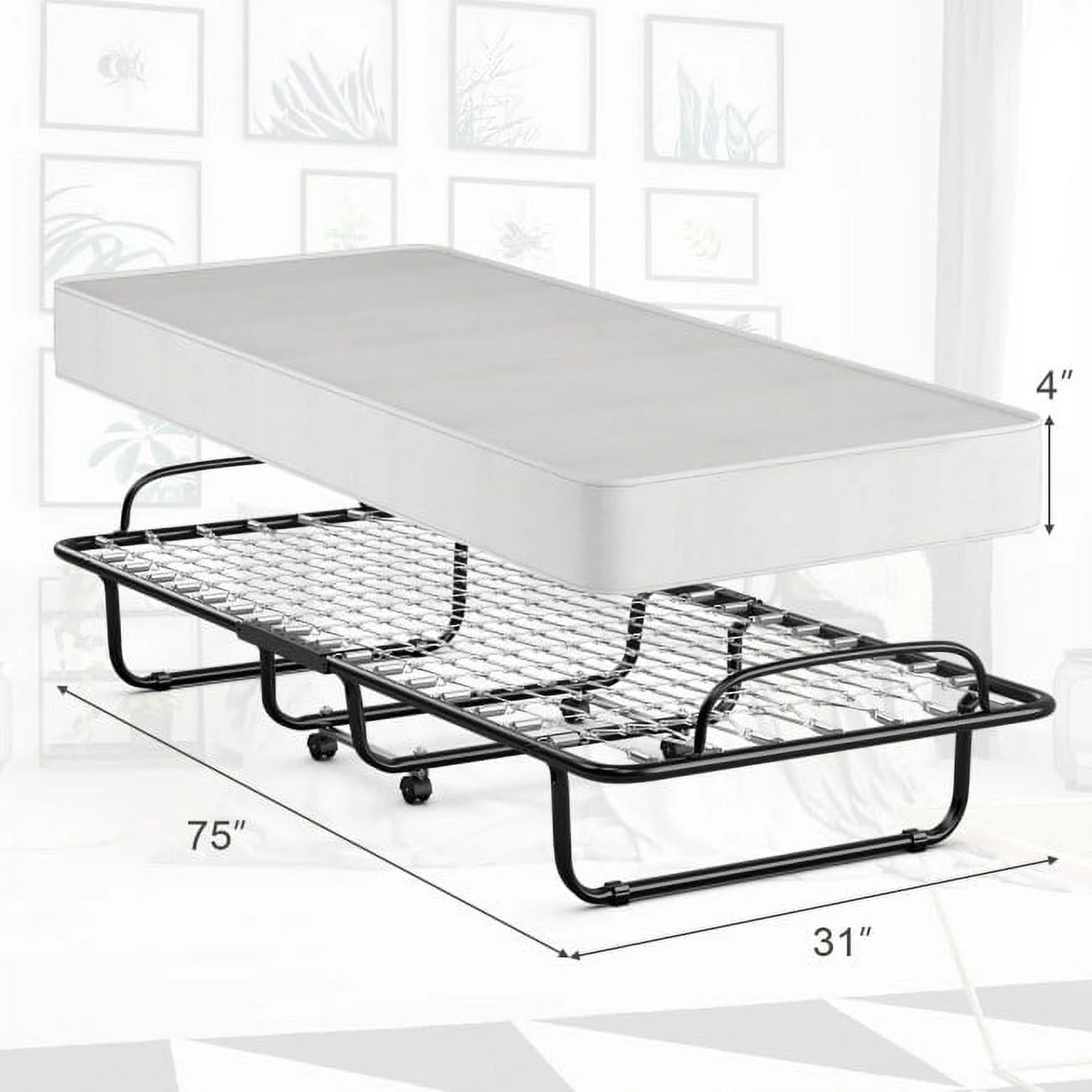 2026 New 75" x 31" x 13" Folding Bed with Mattress, Rollaway Bed Metal Frame on Wheels, Portable Foldable Guest Bed for Adults, Cot Size Fold up Bed with Memory Foam Mattress - Image 4