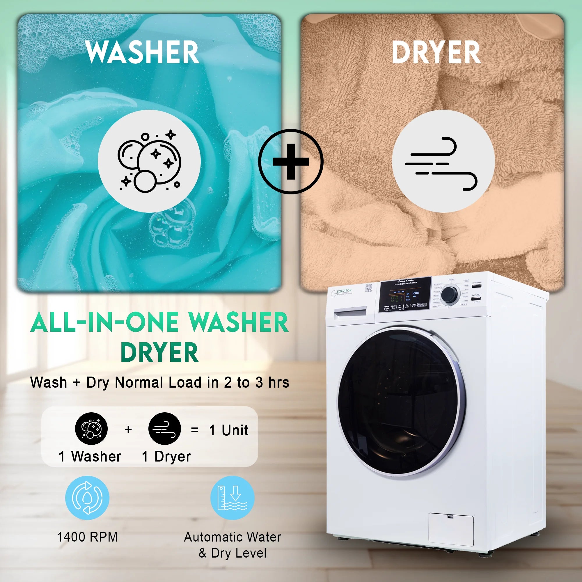 2026 New Equator Combination Washer Dryer Ventless/Vented Pet cycle 1.62cf/15lbs 110V with Adjustable legs - Image 16