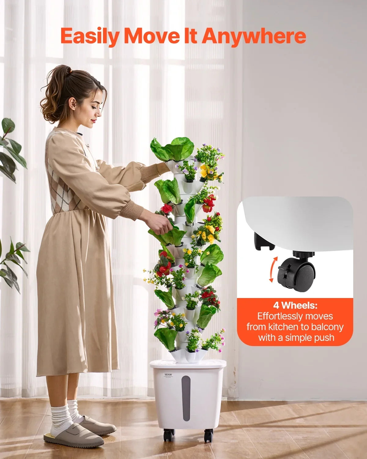 2026 New VEVOR Hydroponic Growing System, 50 Pods Vertical 10 Tiers Hydroponic Tower, Rolling Hydronic Garden with Water Pump & Wheels, Indoor Plants Germination Kit for Herbs Fruits & Vegetables - Image 6