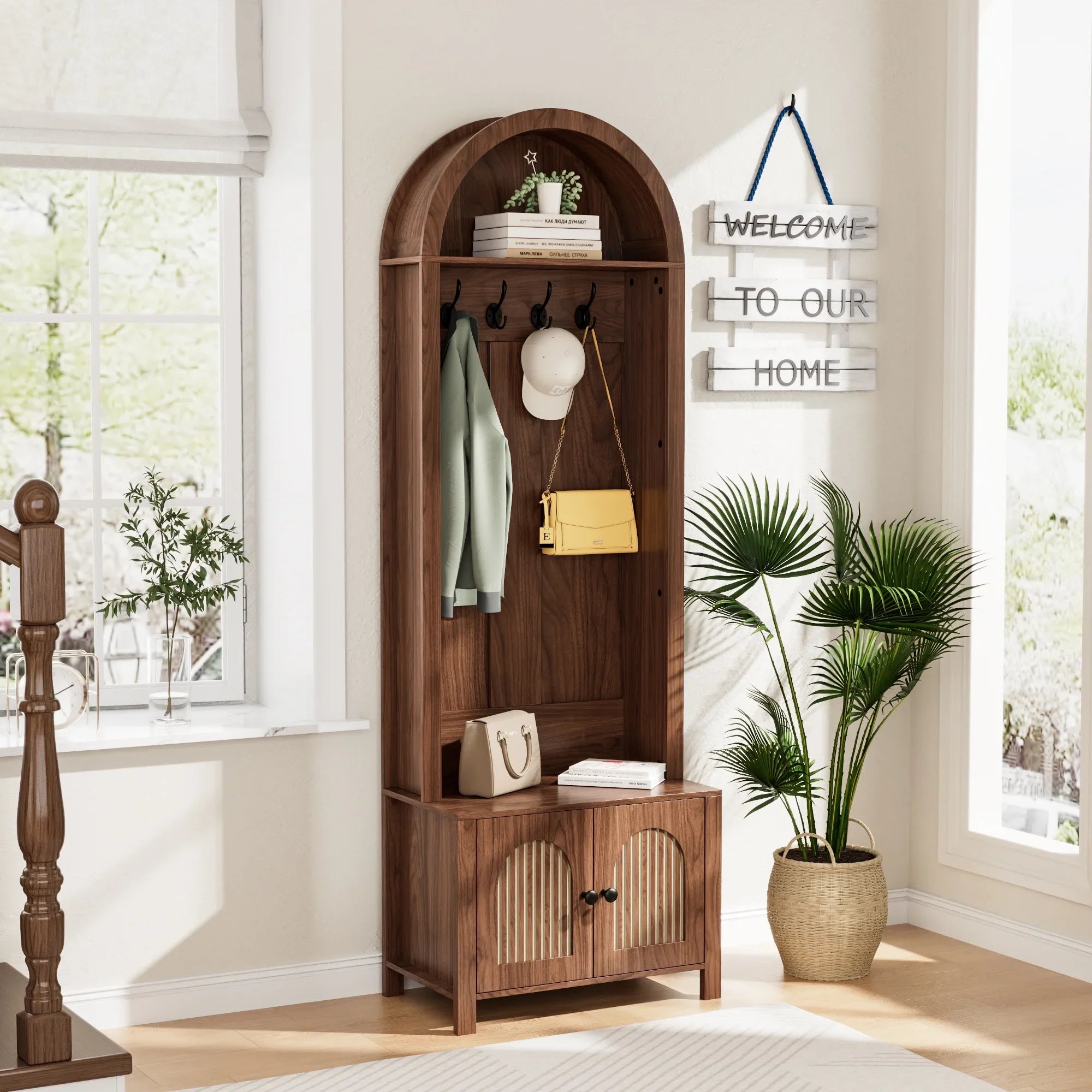 2026 New LUCKYELF Hall Tree with Shoe Storage, Entryway Bench with 4 Hooks and 2 Doors, Arch Coat Rack Cabinet for Hallway - Image 6