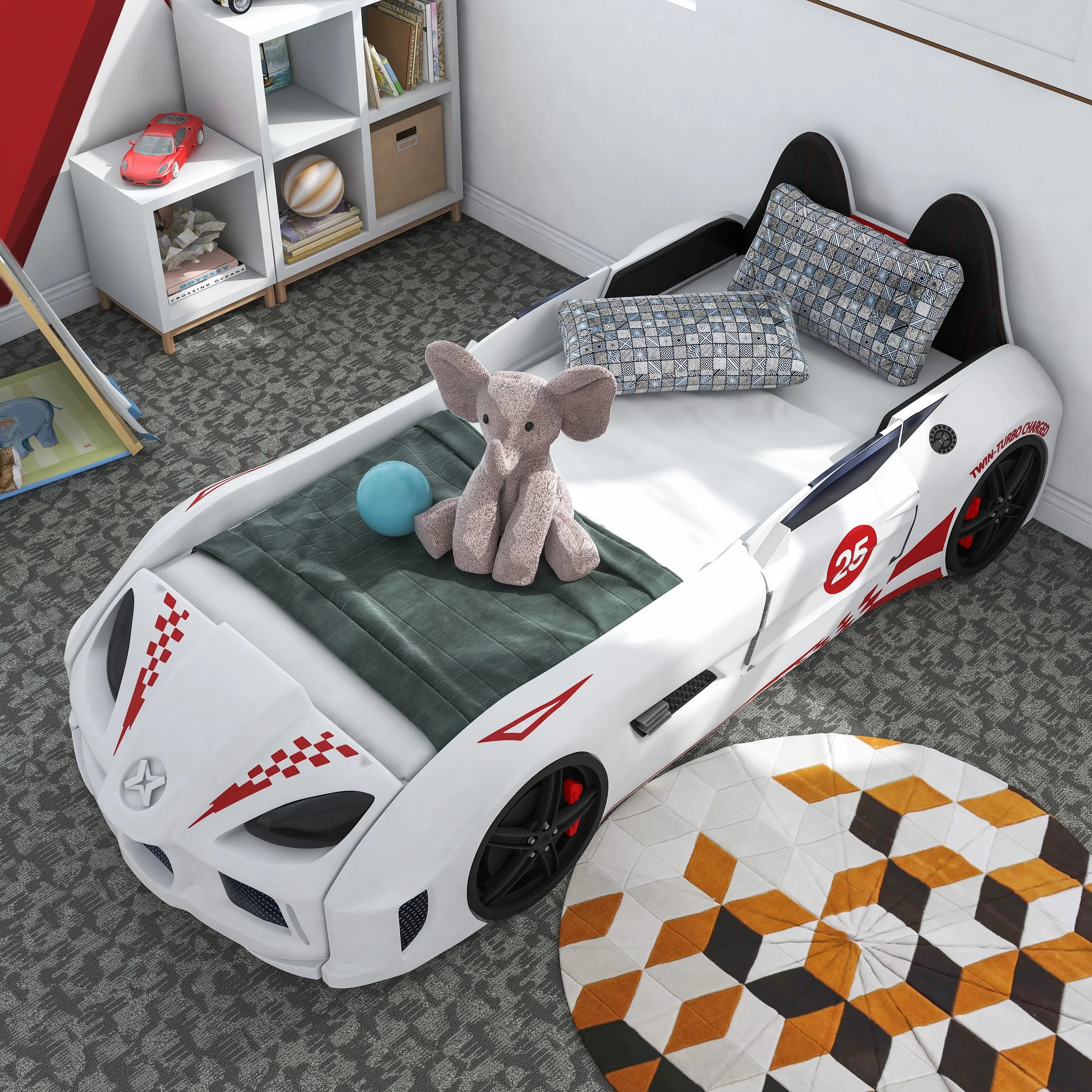 2026 New Furniture of America Dash Kids Plastic Twin Race Car Bed with LED and Sound, White - Image 9