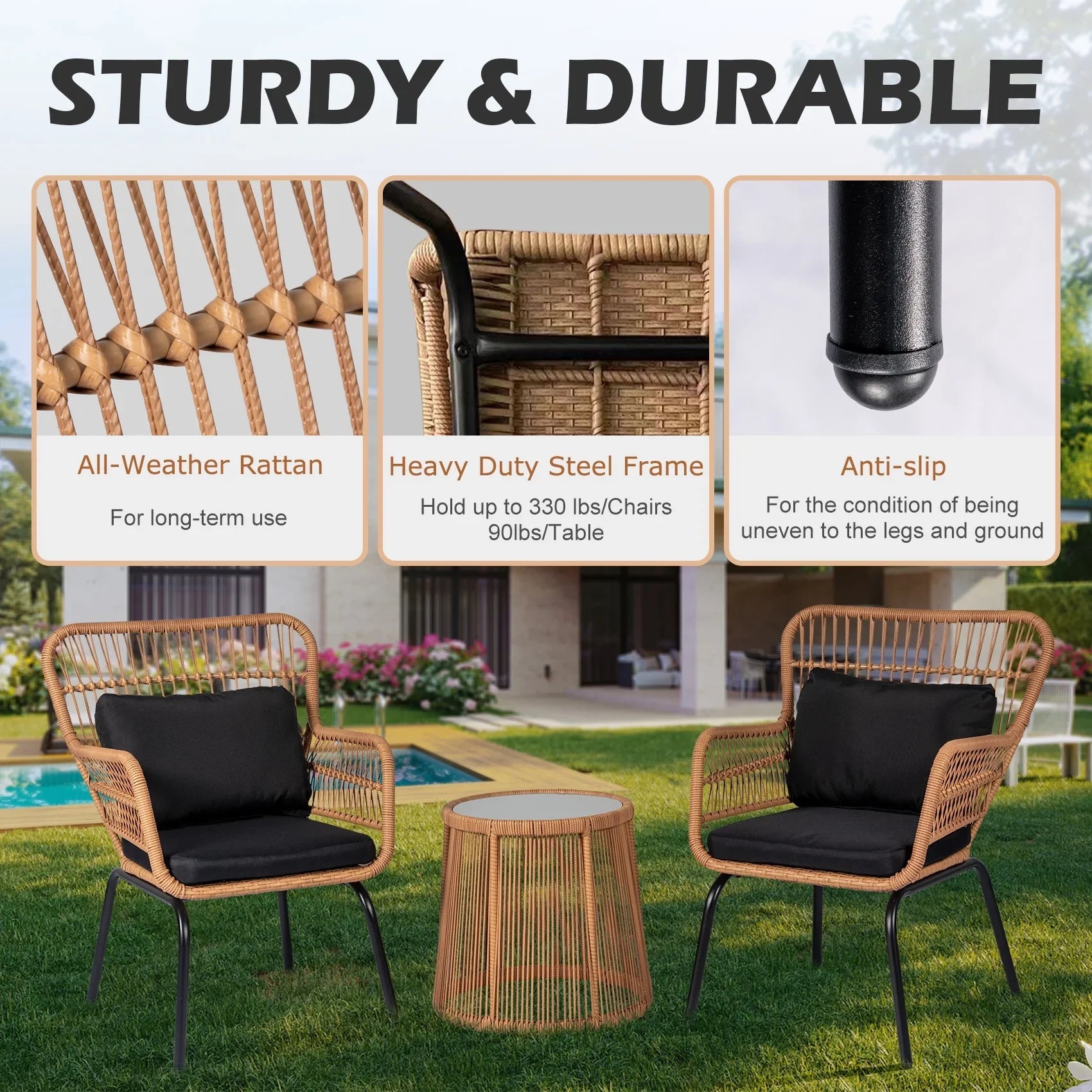 2026 New Tappio 3-Piece Patio Conversation Bistro Set Rattan Furniture, Outdoor Patio Set w/Glass Top Table & Cushions for Garden Balcony Backyard Poolside, Yellow/Beige - Image 27
