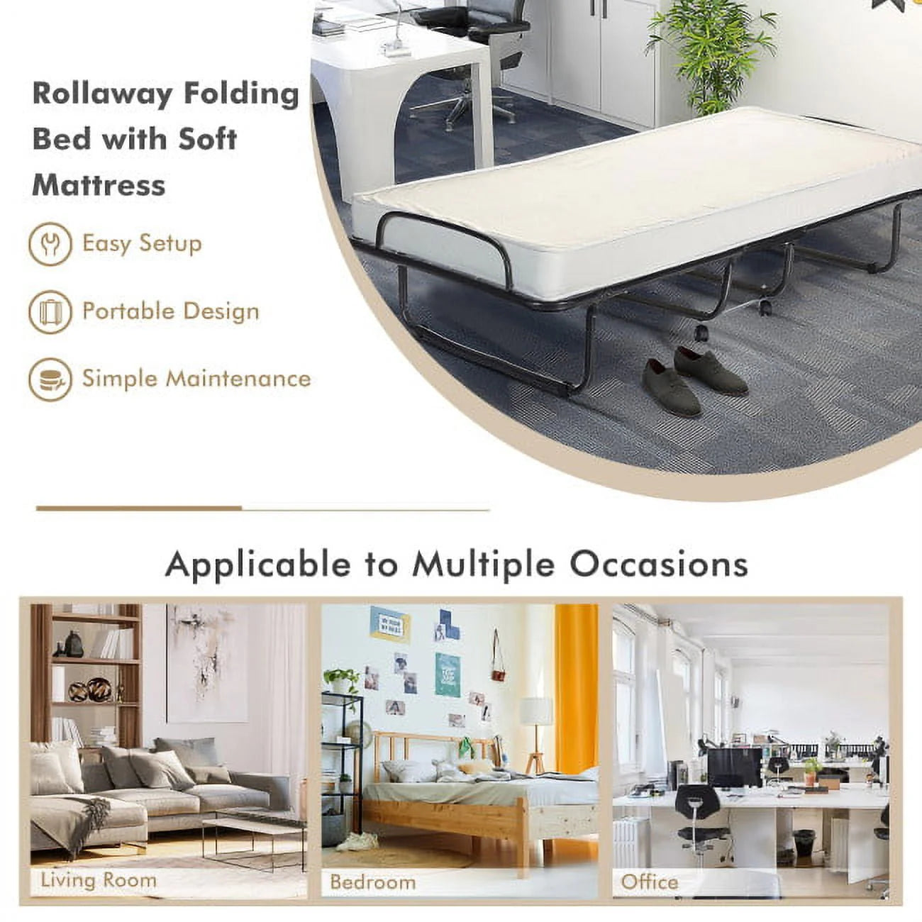 2026 New 75" x 31" x 13" Folding Bed with Mattress, Rollaway Bed Metal Frame on Wheels, Portable Foldable Guest Bed for Adults, Cot Size Fold up Bed with Memory Foam Mattress - Image 10