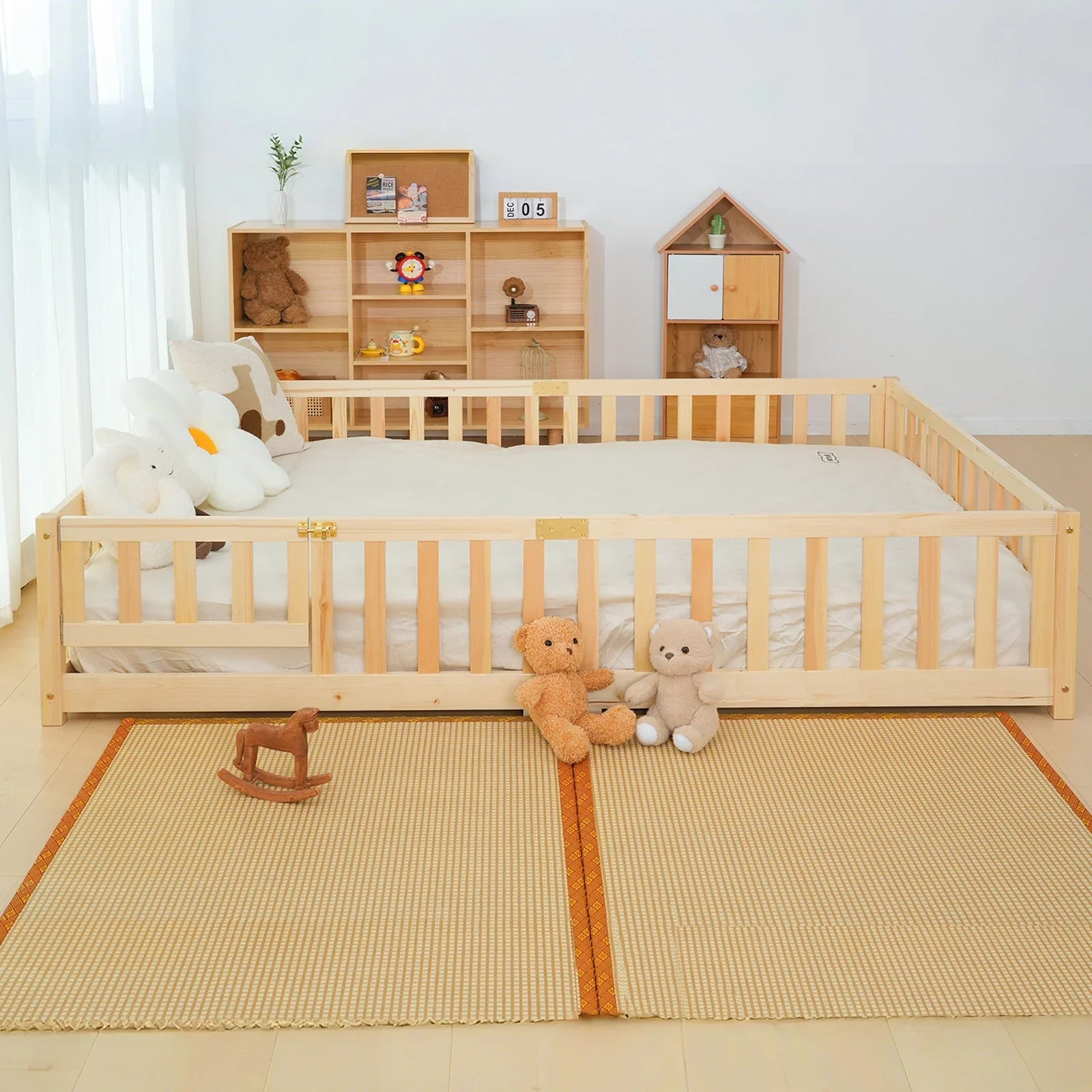 2026 New Slsy Twin Size Toddler Floor Bed, Solid Wood Montessori Bed Frame with Fence & Door Montessori Floor Bed Crib with Safety Guardrails for Girls and Boys - Image 22