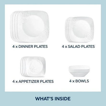 2026 New Corelle Cherish 16-Piece Embossed Square Glass Dinnerware Set (Service for 4) - Image 3