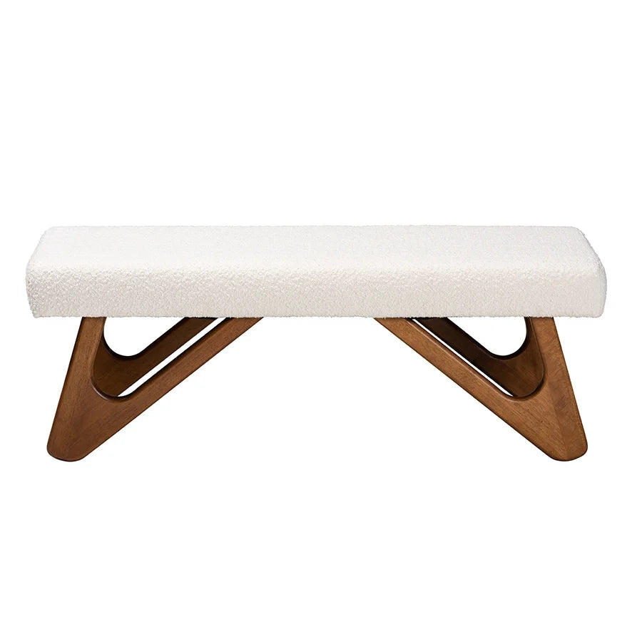 2026 New Baxton Studio Rika Japandi Cream Boucle Fabric and Walnut Brown Finished Wood Bench - Image 3