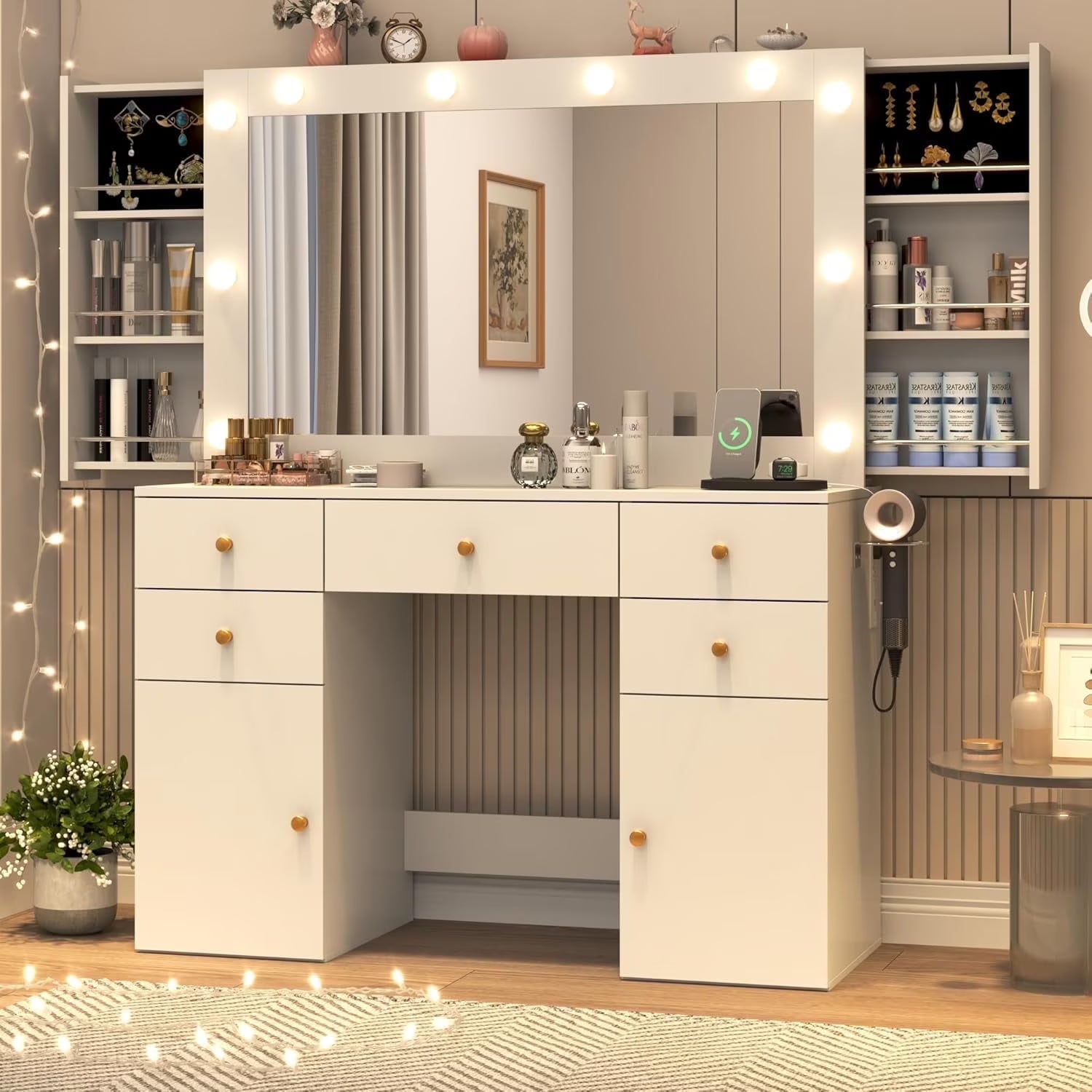 2026 New White Vanity Desk with Large Lighted Mirror & Power Outlet, Makeup Vanity Table with Glass Top & Drawers, Sliding Storage, 44.1" Large Makeup Vanity Table for Women Girls, White