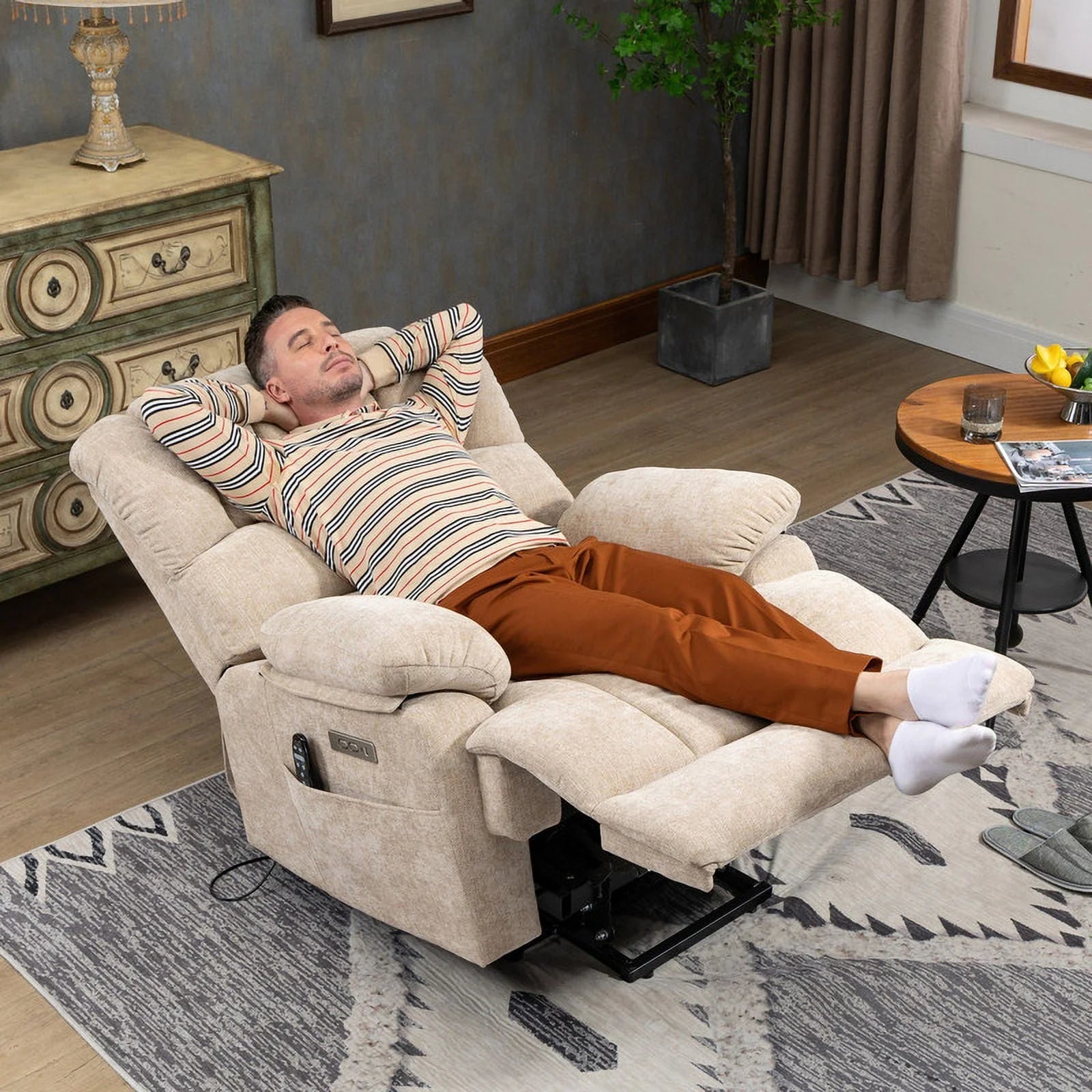 2026 New Oversized Power Lift Recliner Chairs for Adults,Beige Electric Recliners for Elderly with 8-Point Vibration Massage Lumbar Heating,2 Side Pocket,USB Port,24" Seat Width,25" Seat Depth,20" Seat Height - Image 3