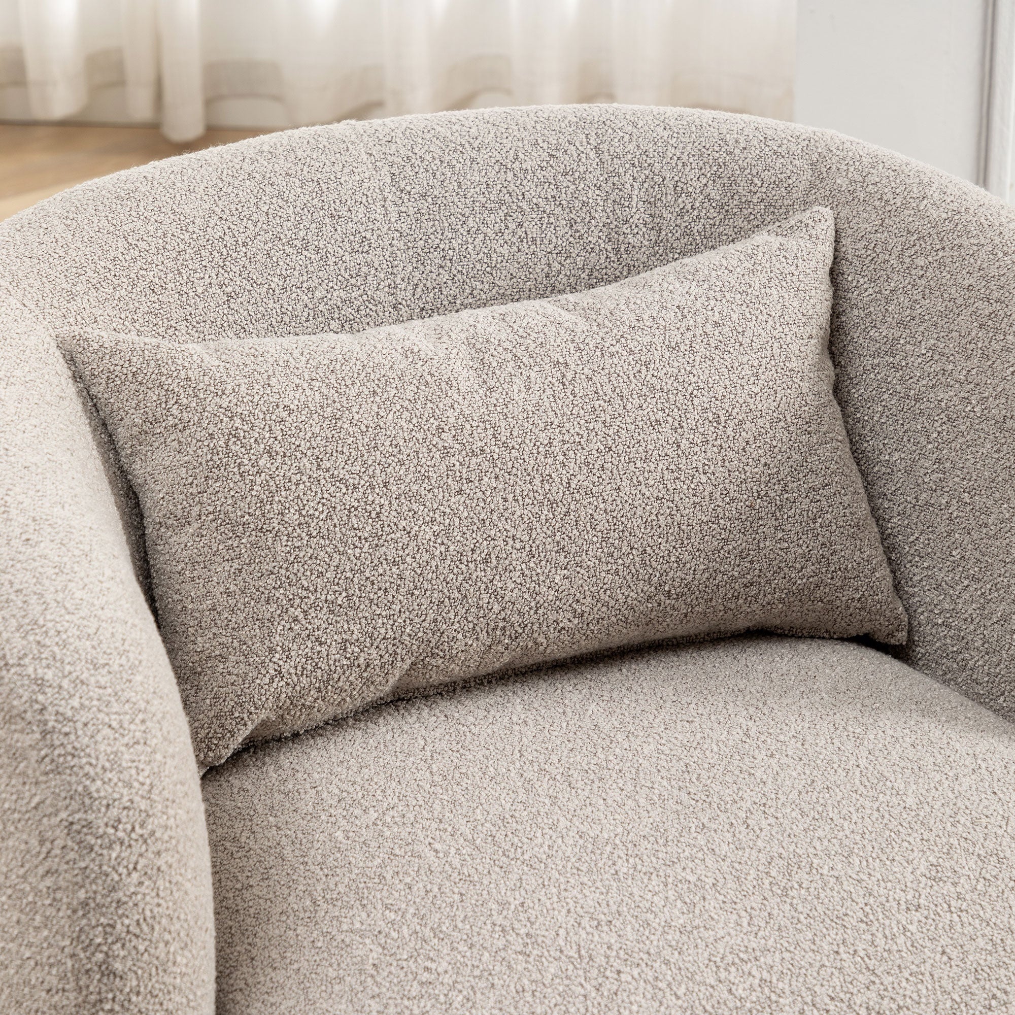 2026 New 34" Wide Boucle Swivel Barrel Chair, No Assembly Round Upholstered Armchair Accent Chair Single Sofa Chair with Toss Pillow for Living Room and Bedroom, Taupe - Image 14