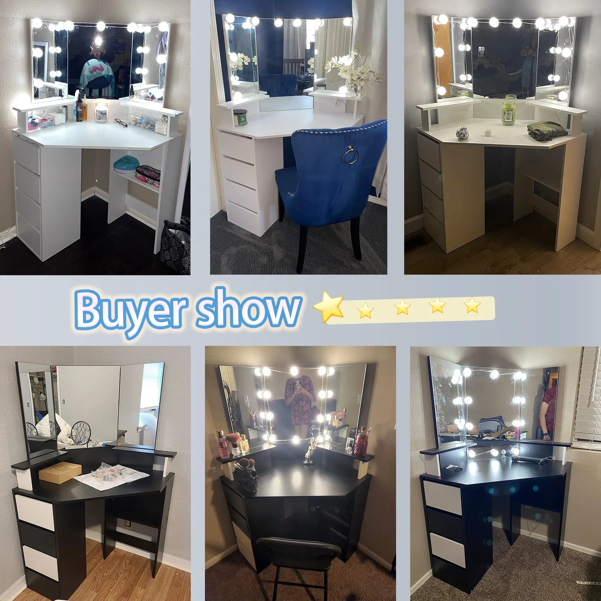 2026 New Veanerwood White Corner Vanity Desk with Mirror and Light,Makeup Table with 4 Drawers and Charging Station for Bedroom - Image 22