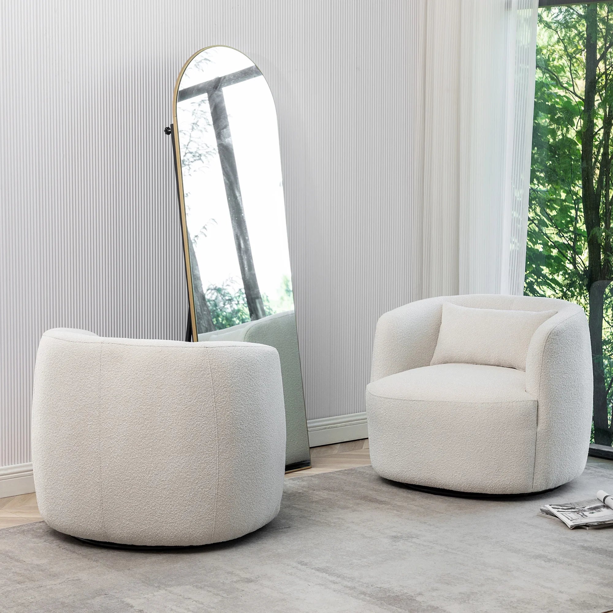 2026 New 34" Wide Boucle Swivel Barrel Chair, No Assembly Round Upholstered Armchair Accent Chair Single Sofa Chair with Toss Pillow for Living Room and Bedroom, Taupe - Image 16