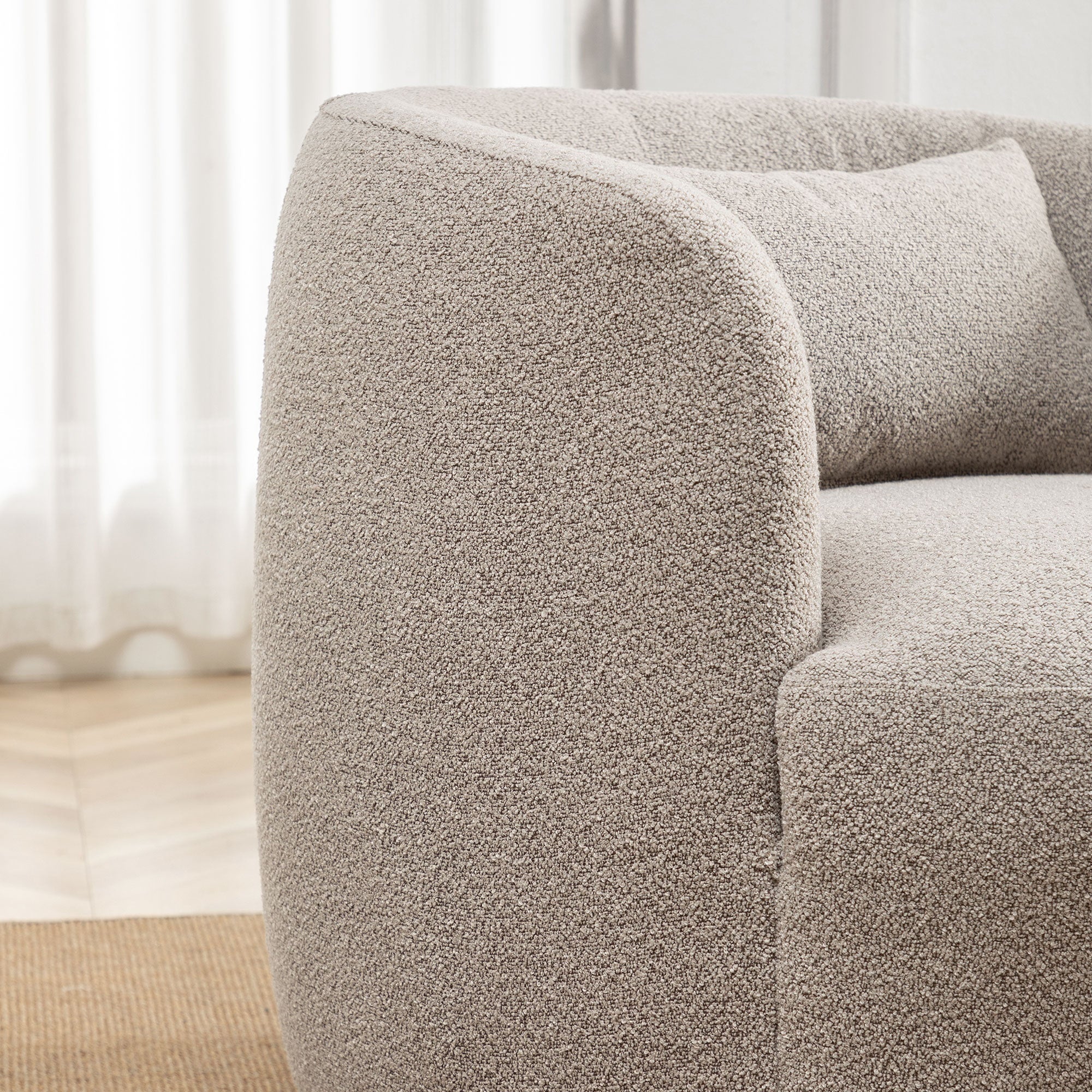 2026 New 34" Wide Boucle Swivel Barrel Chair, No Assembly Round Upholstered Armchair Accent Chair Single Sofa Chair with Toss Pillow for Living Room and Bedroom, Taupe - Image 10