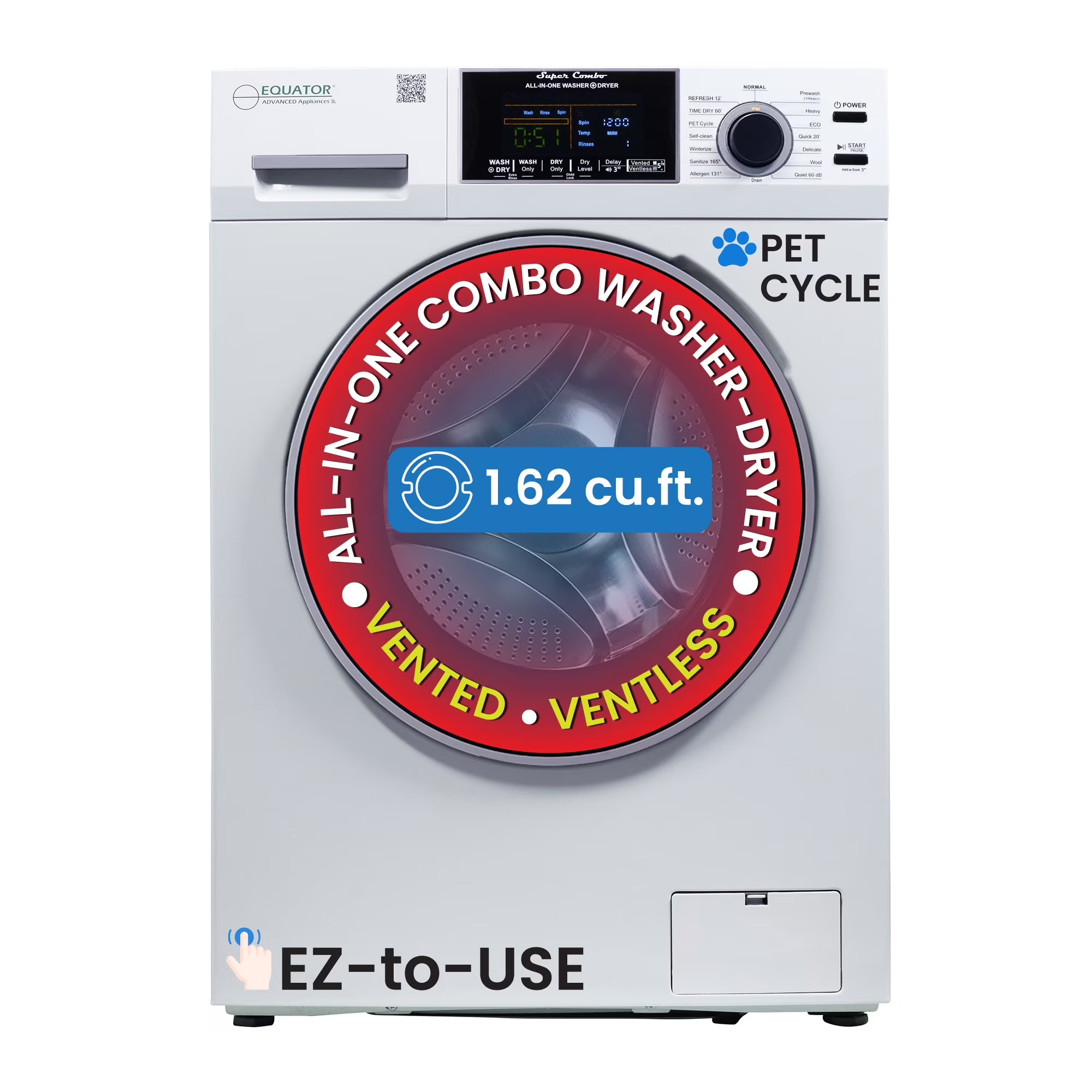 2026 New Equator Combination Washer Dryer Ventless/Vented Pet cycle 1.62cf/15lbs 110V with Adjustable legs