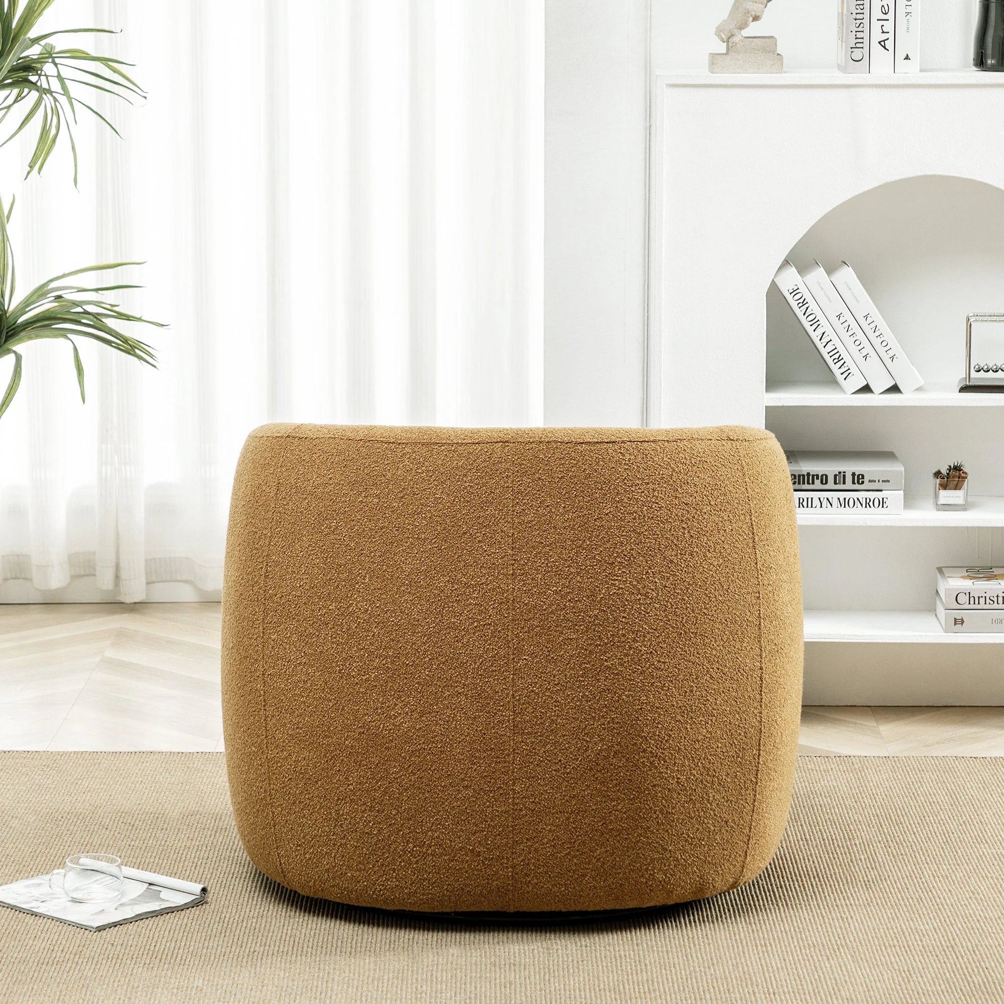 2026 New 34" Wide Boucle Swivel Barrel Chair, No Assembly Round Upholstered Armchair Accent Chair Single Sofa Chair with Toss Pillow for Living Room and Bedroom, Taupe - Image 43