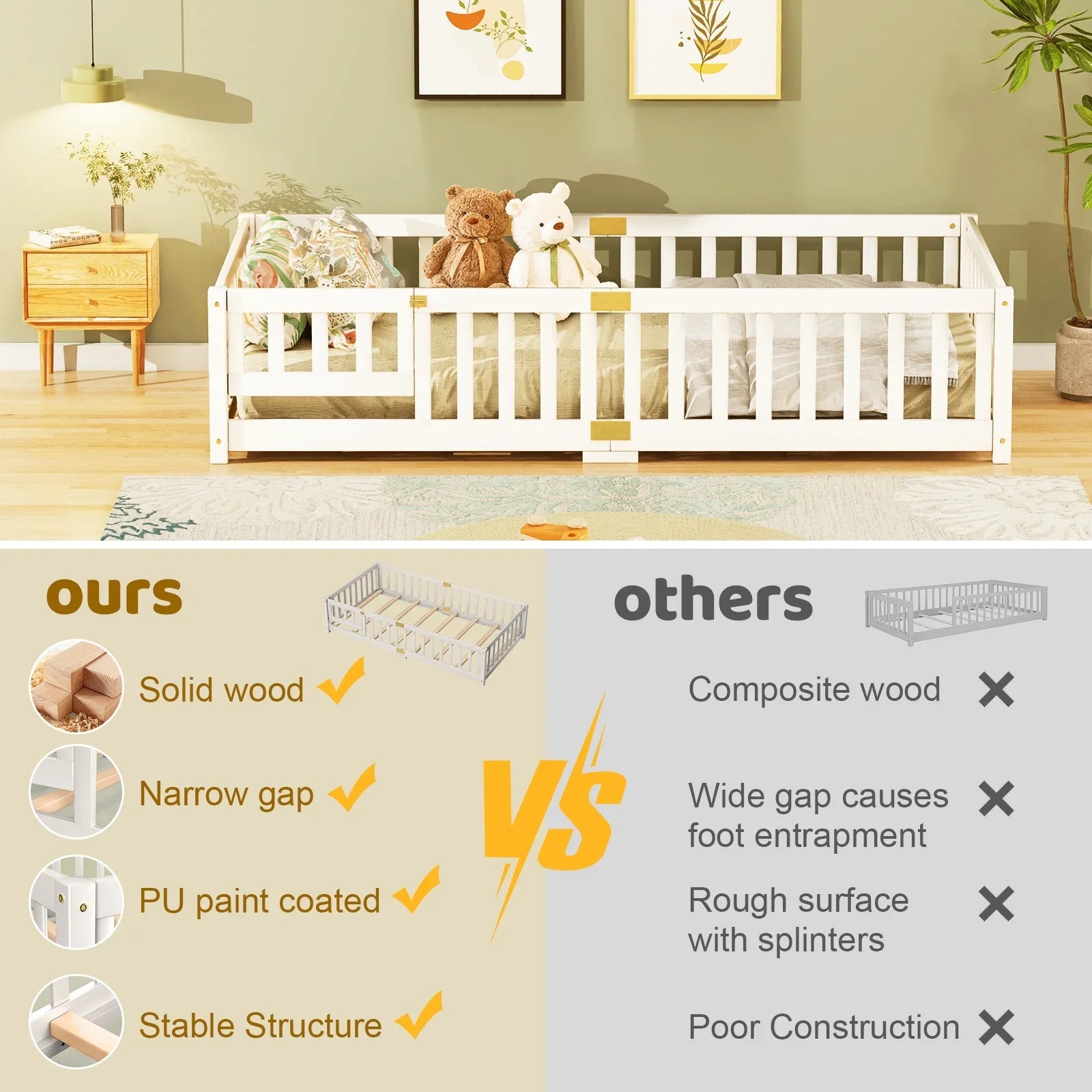 2026 New Slsy Twin Size Toddler Floor Bed, Solid Wood Montessori Bed Frame with Fence & Door Montessori Floor Bed Crib with Safety Guardrails for Girls and Boys - Image 11