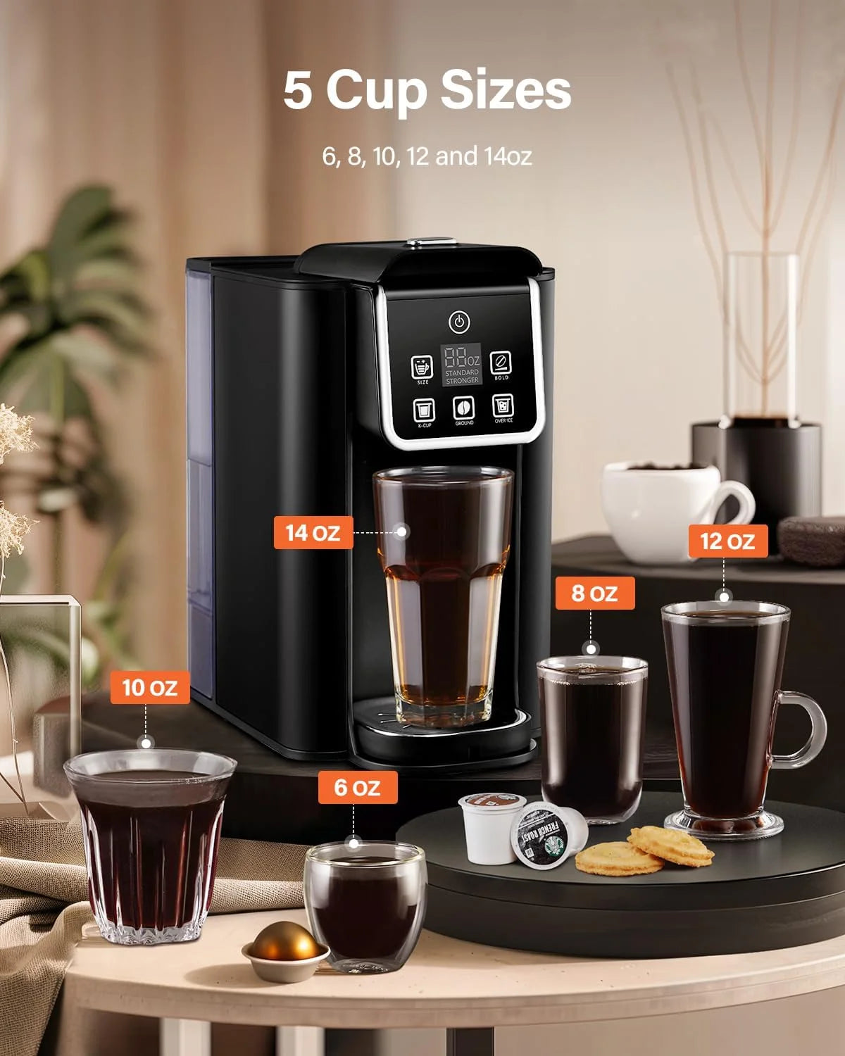 2026 New Single Serve Coffee Maker, Hot and Iced Coffee Machine for K-Cup Pods & Ground Coffee, 6 to 14 oz Brew Sizes, 50 oz Removable Water Tank, Bold Brew Setting, Stainless Steel, Black - Image 6