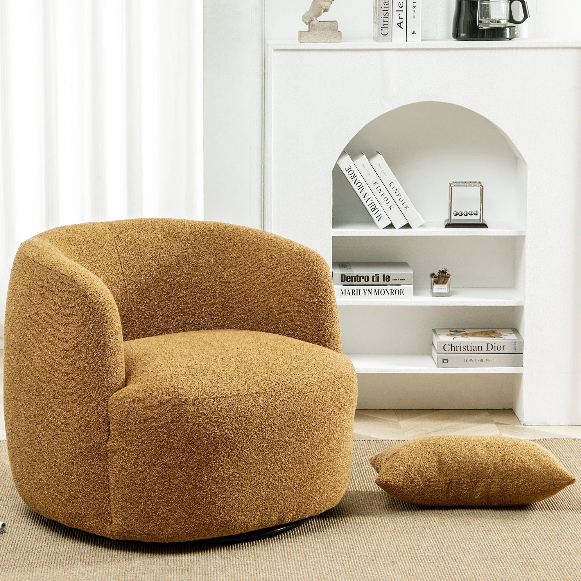 2026 New 34" Wide Boucle Swivel Barrel Chair, No Assembly Round Upholstered Armchair Accent Chair Single Sofa Chair with Toss Pillow for Living Room and Bedroom, Taupe - Image 46
