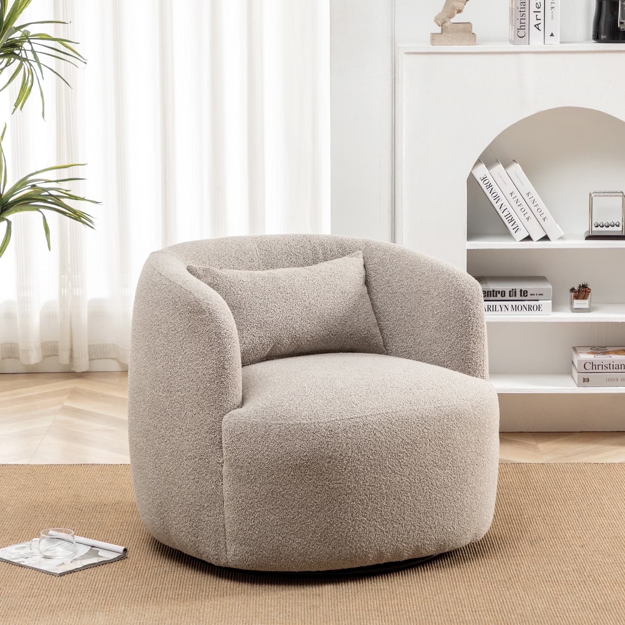 2026 New 34" Wide Boucle Swivel Barrel Chair, No Assembly Round Upholstered Armchair Accent Chair Single Sofa Chair with Toss Pillow for Living Room and Bedroom, Taupe