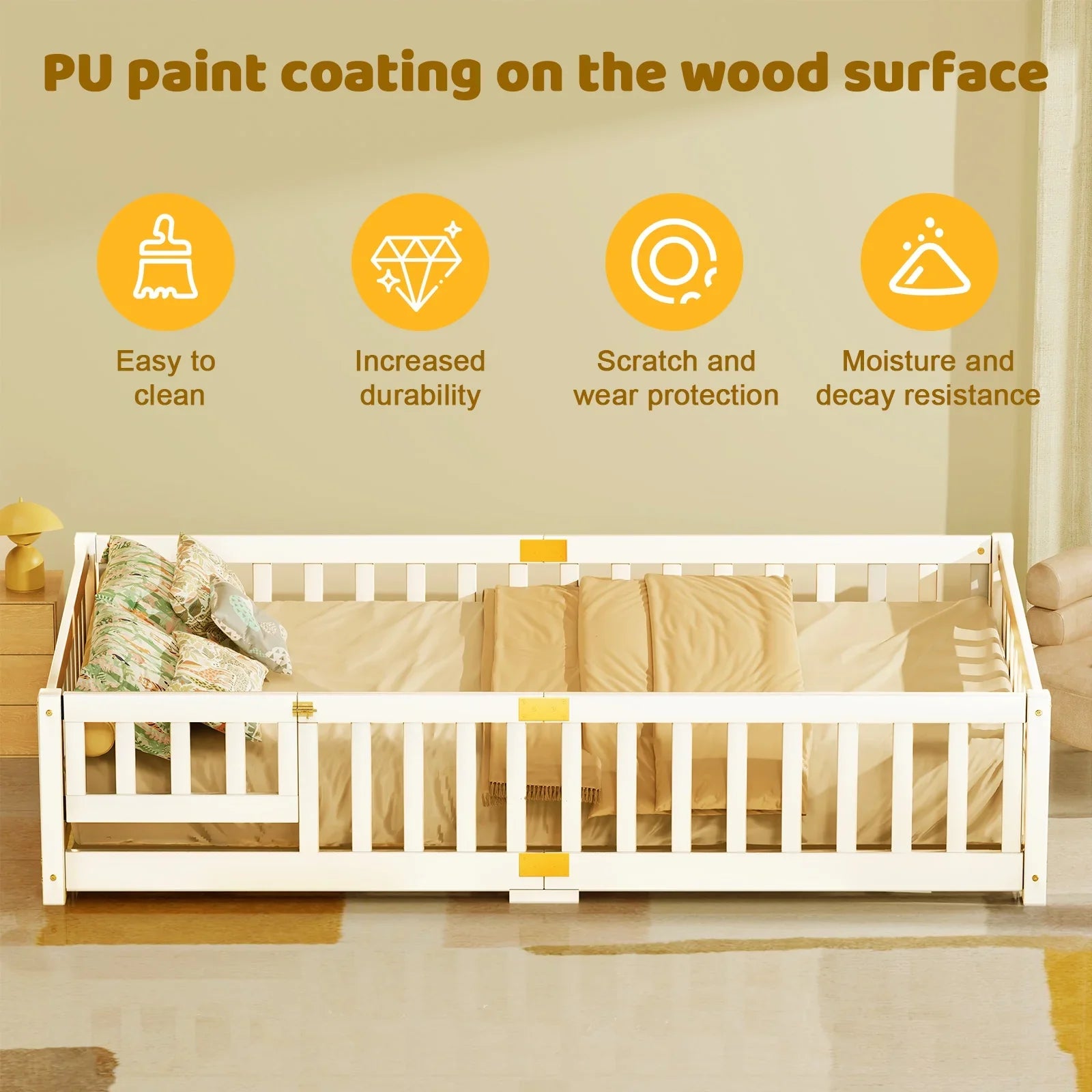 2026 New Slsy Twin Size Toddler Floor Bed, Solid Wood Montessori Bed Frame with Fence & Door Montessori Floor Bed Crib with Safety Guardrails for Girls and Boys - Image 5