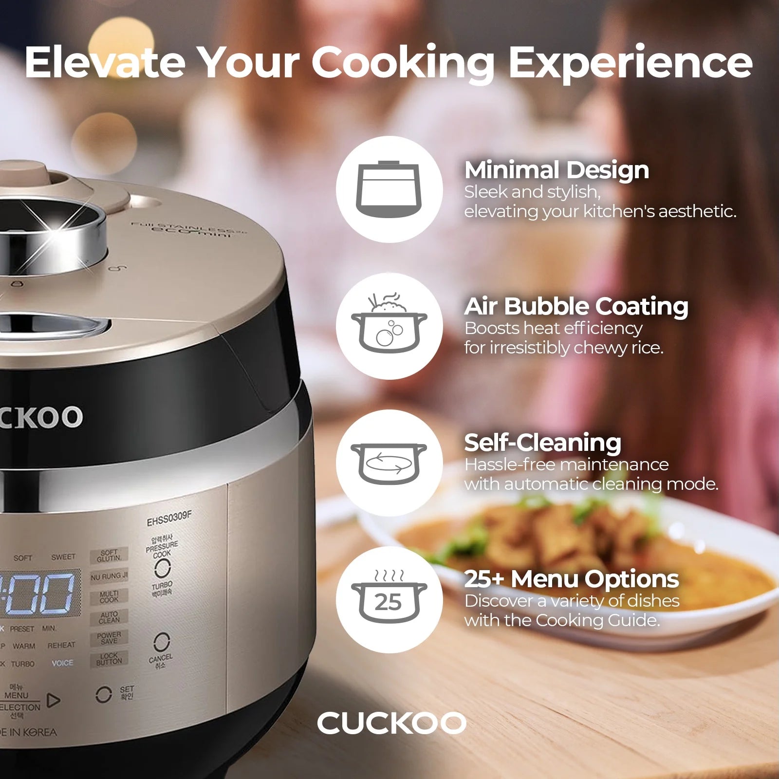 2026 New Cuckoo 3 Cup Dry Induction Heating Pressure Rice Cooker with Micom Logic Tech, Nonstick Pot, Warmer, 16 Menu Modes and Voice Guide in Gold (CRP-EHSS0309FG) - Image 5