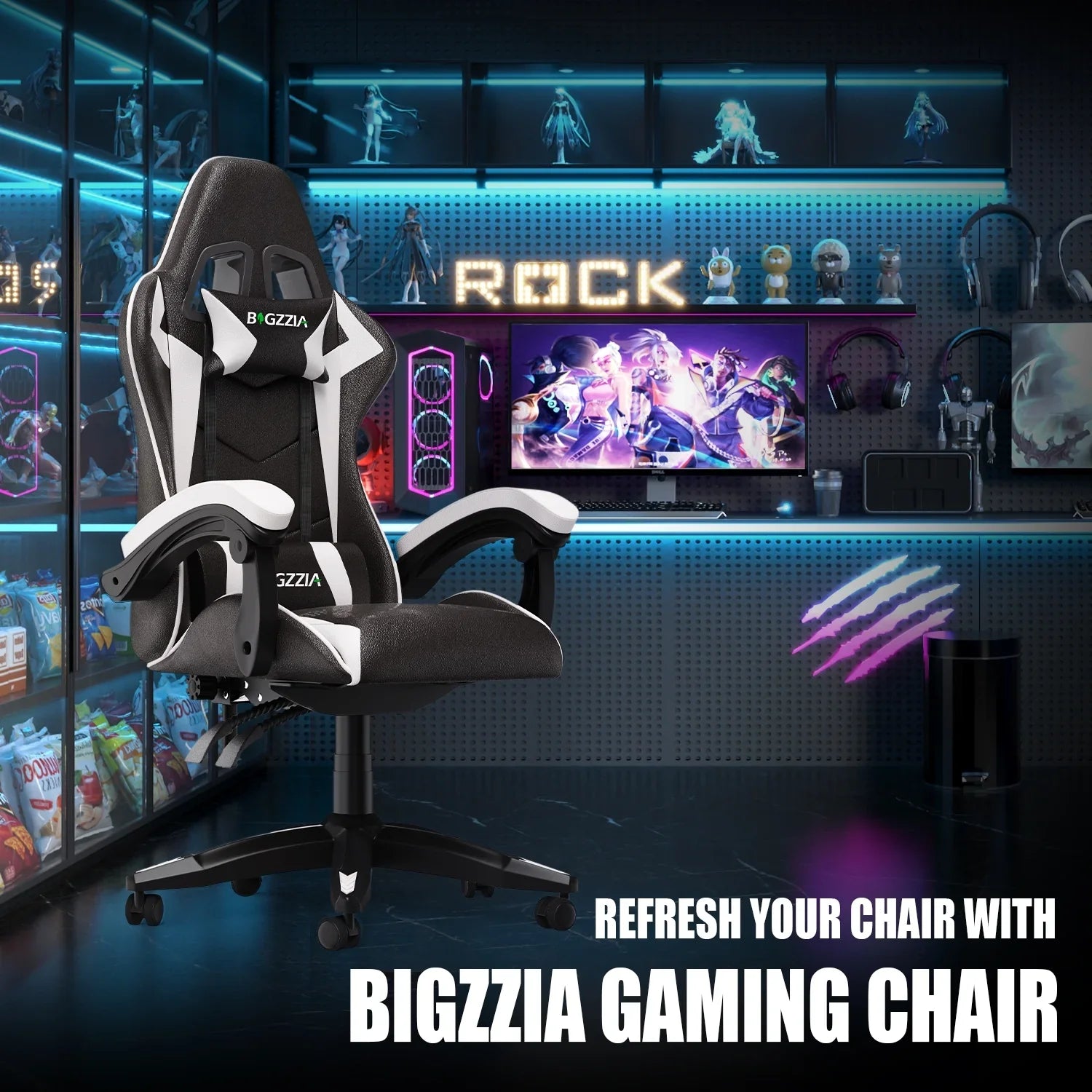 2026 New Bigzzia Gaming Chair Office Chair, Ergonomic Game Chair with Height Adjustable Headrest and Lumbar Support for Adults Teens, Black & White - Image 13