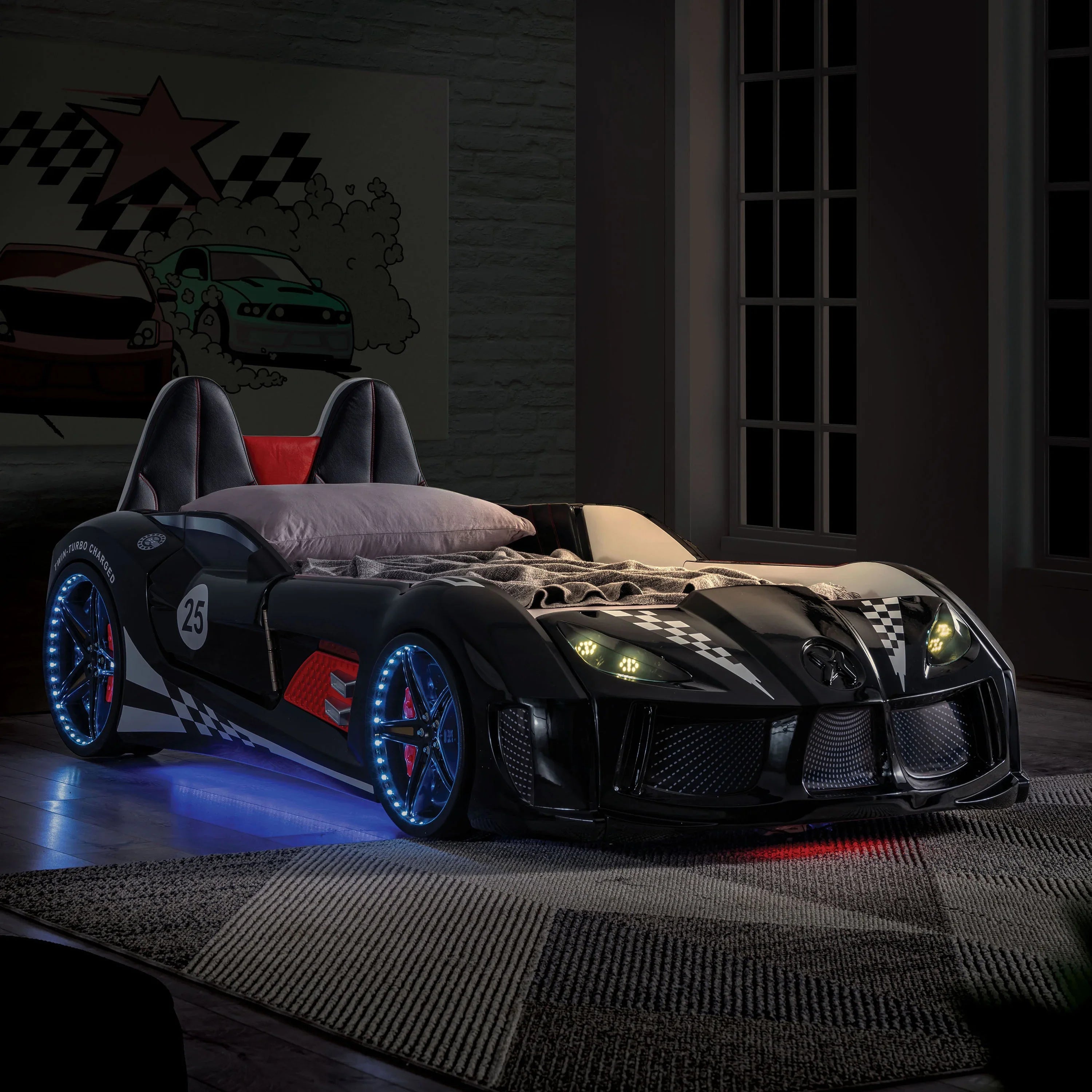 2026 New Furniture of America Dash Kids Plastic Twin Race Car Bed with LED and Sound, White - Image 27